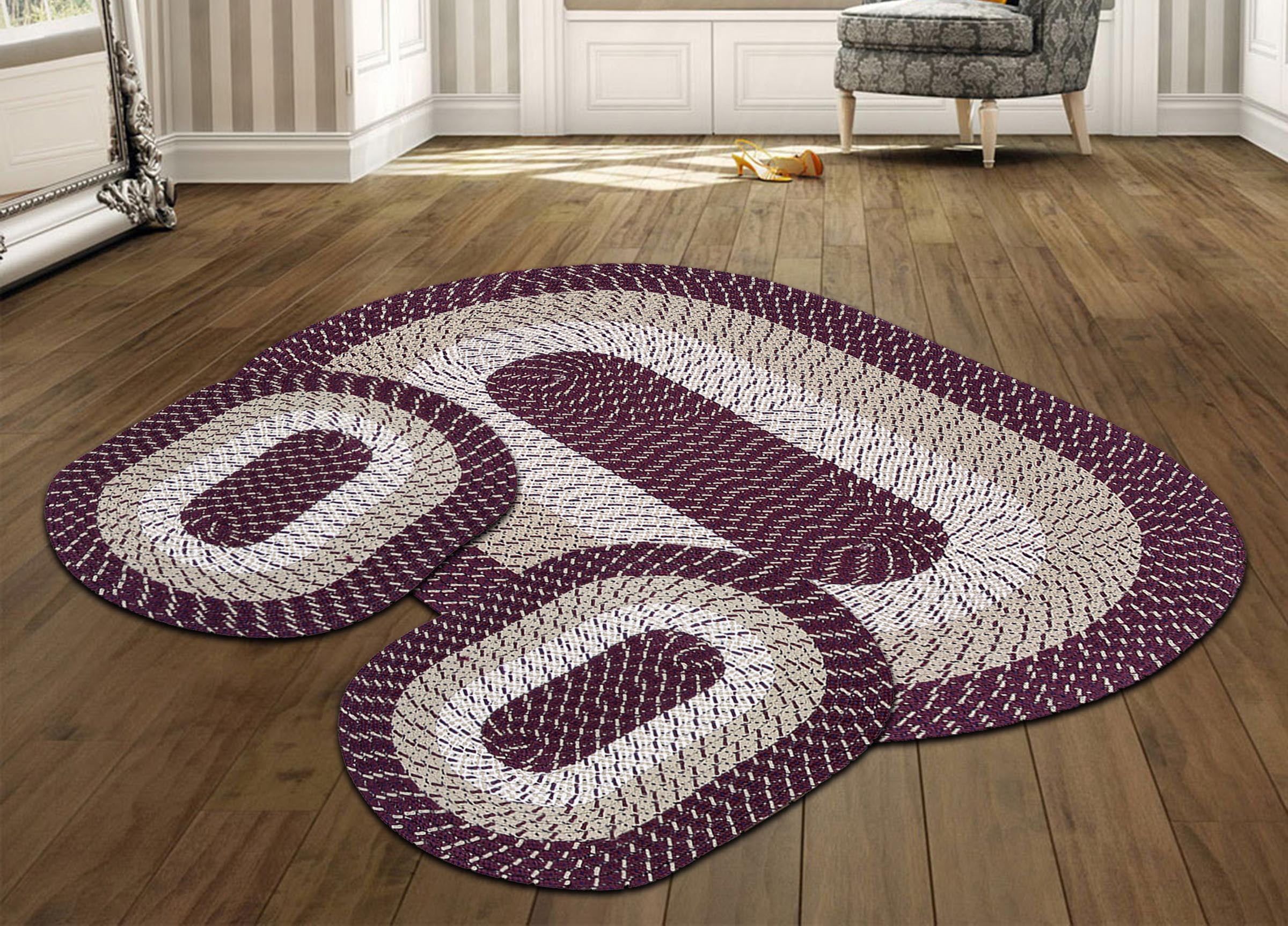 Country Elegance 3-Piece Burgundy Stripe Synthetic Braided Rug Set