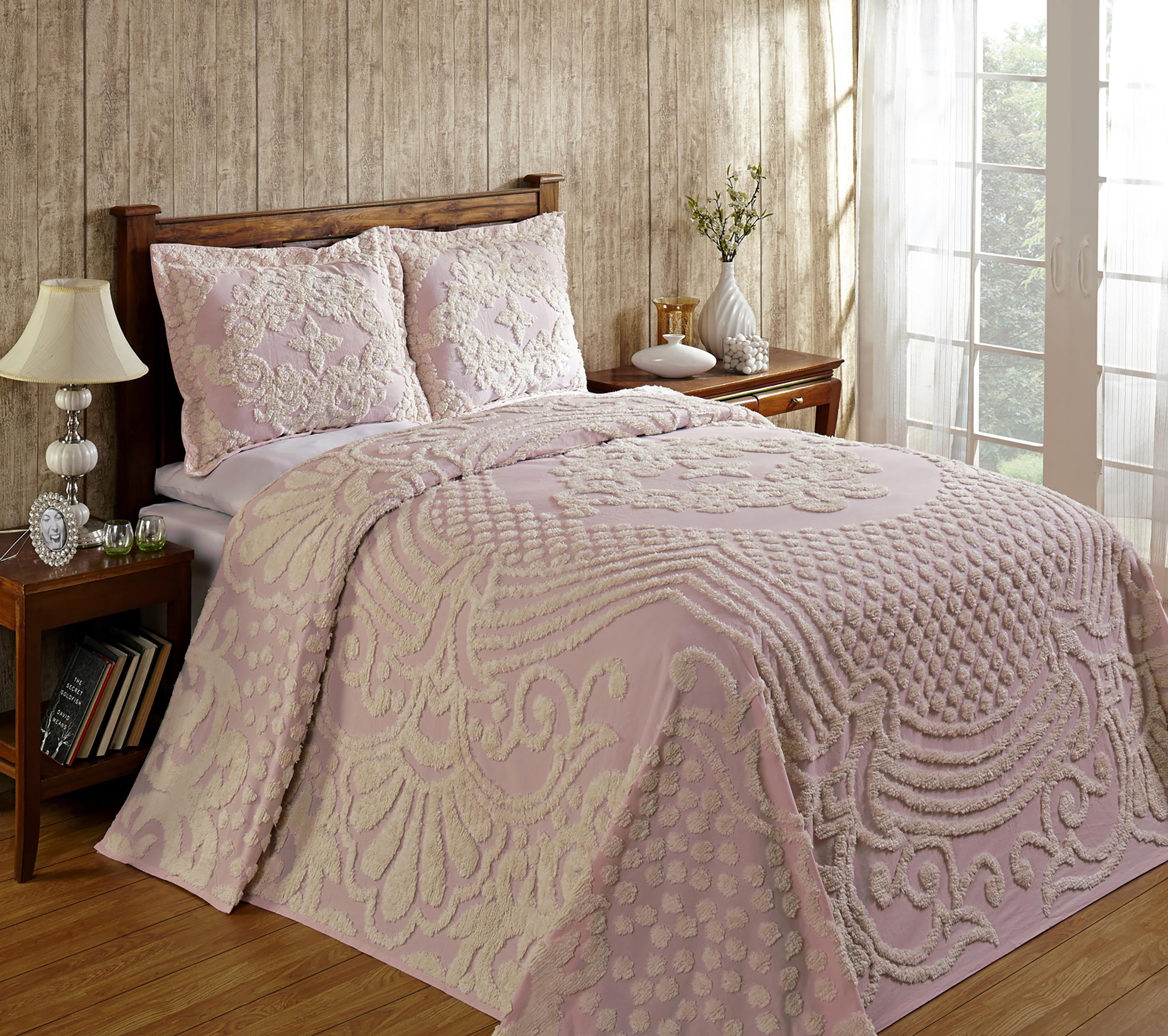 Elegant Florence Cotton Chenille Queen Bedspread Set in Pink