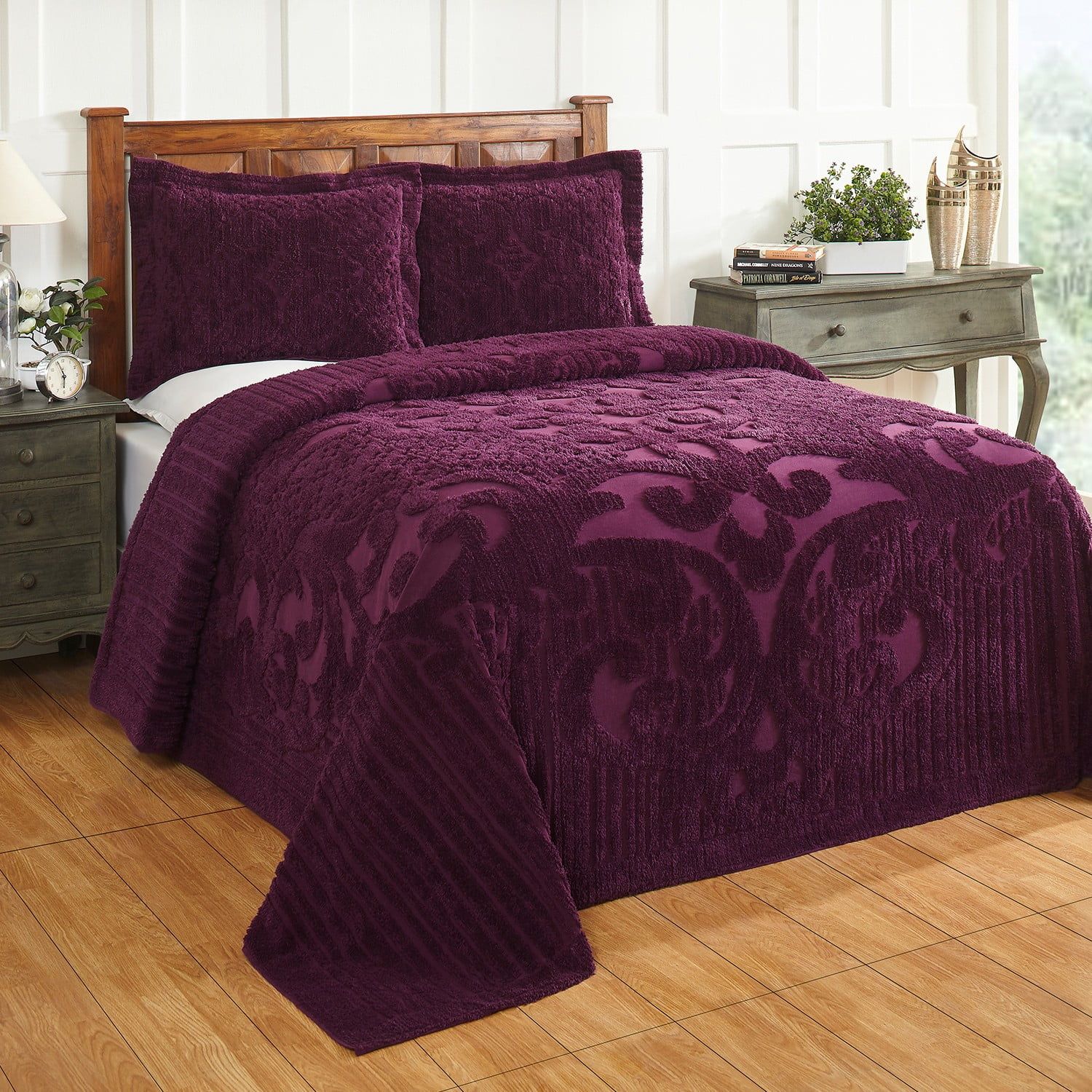 Plum Cotton Chenille King Reversible Bedspread with Medallion Design