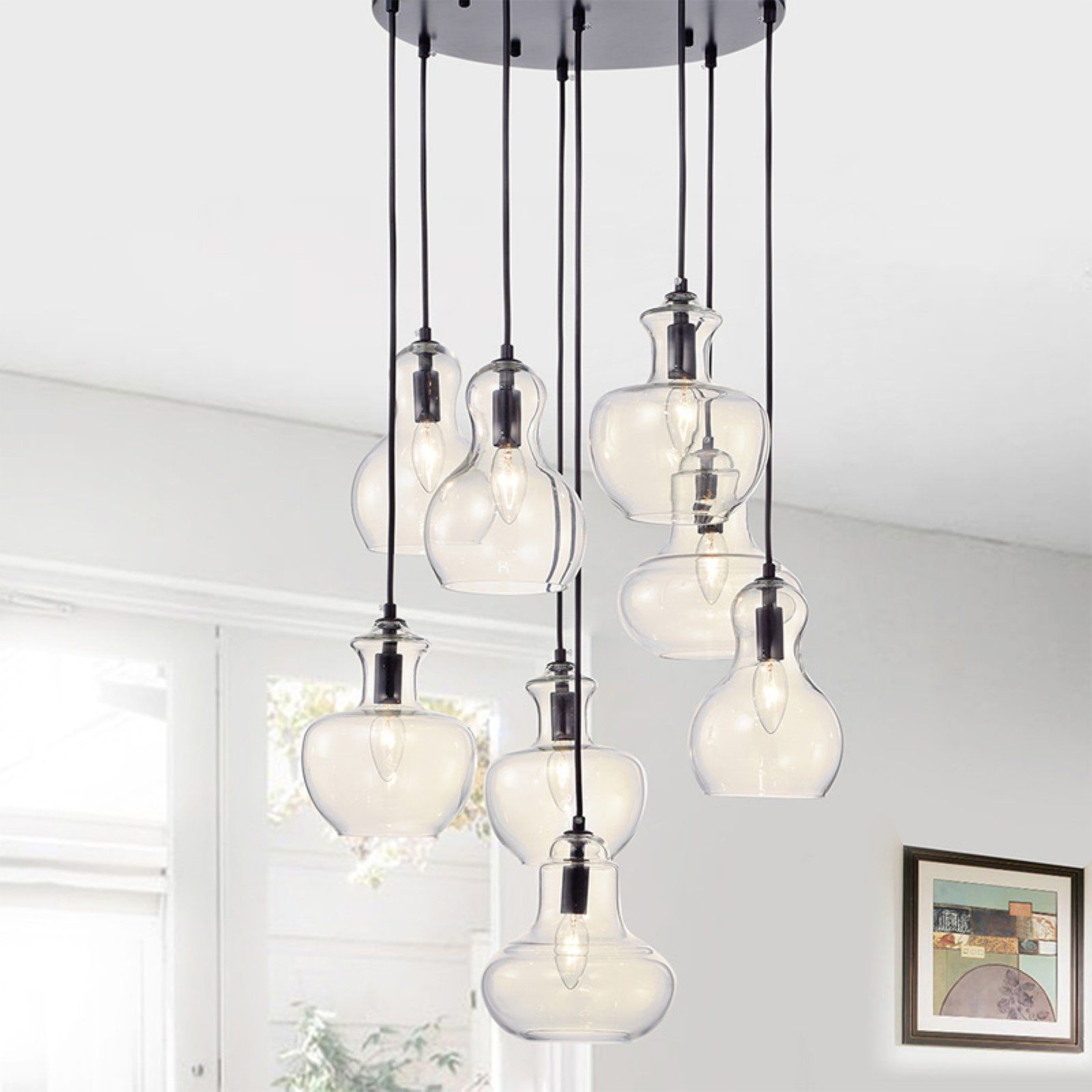 Matte Black and Chrome Contemporary 8-Light Glass Chandelier