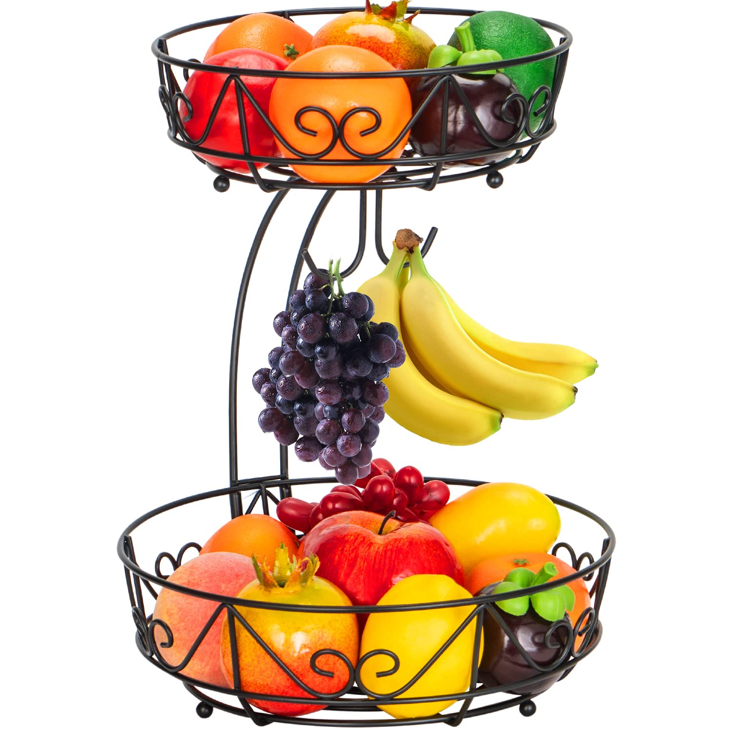 Black Metal 2-Tier Countertop Fruit Basket with Banana Hanger