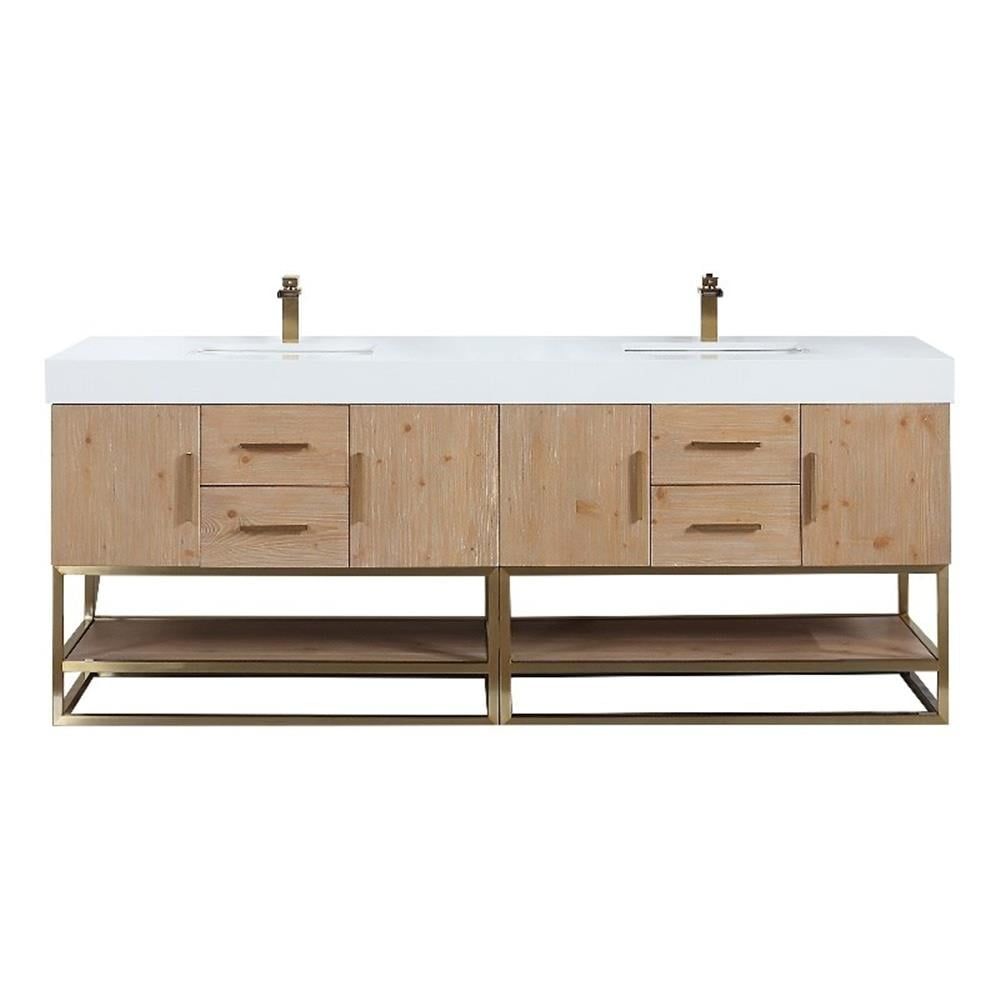 Bianco 84" Light Brown Wood Vanity with Composite Stone Top