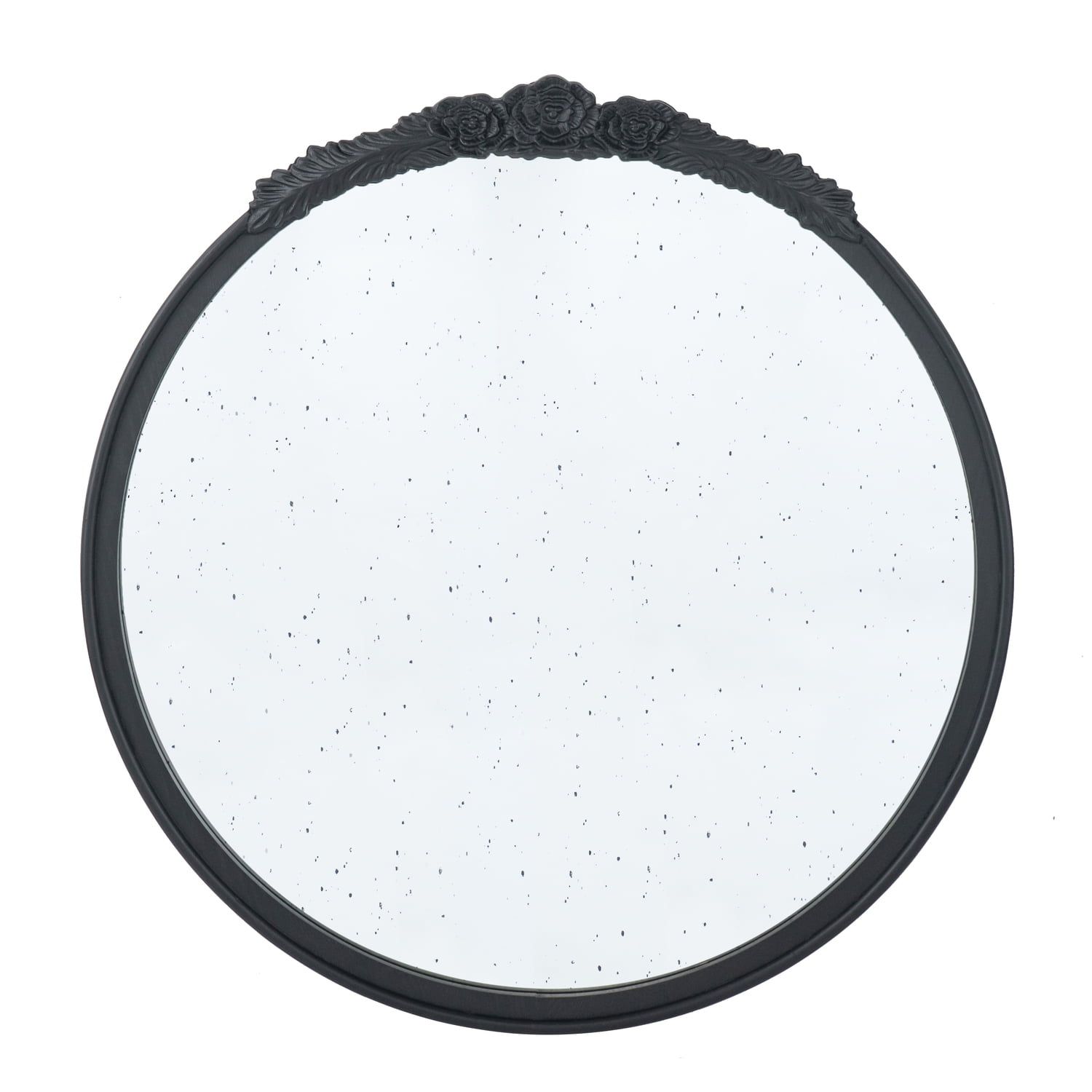 Round Black Wood Vanity Mirror with Carved Rose Detail