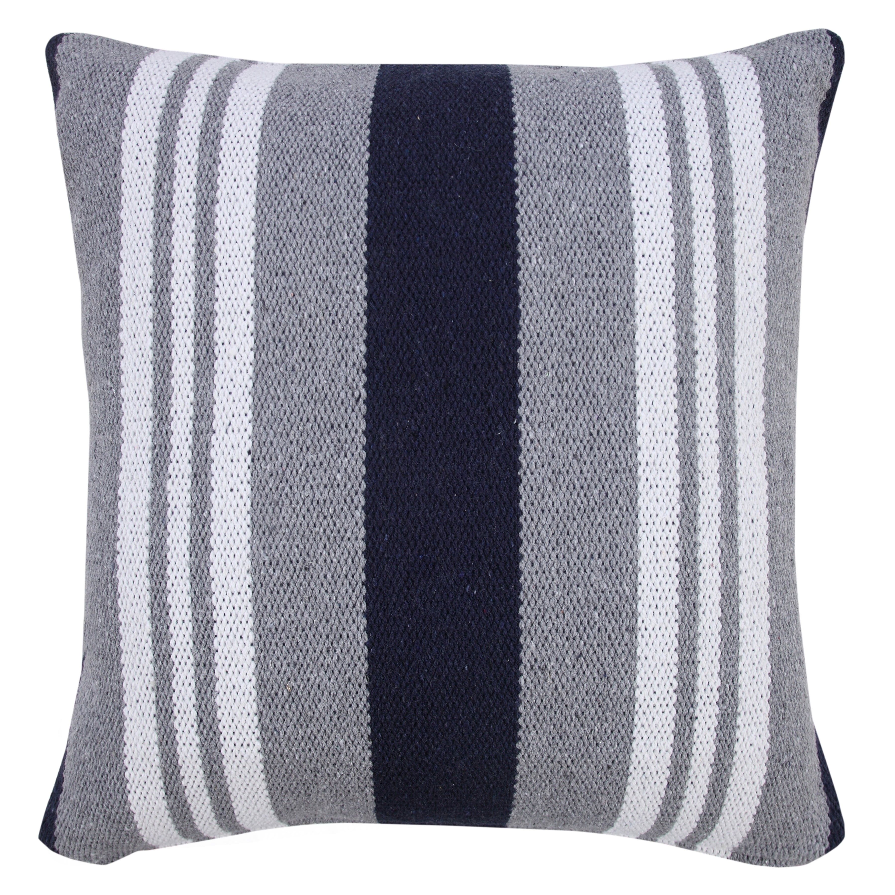 Navy Gray White Cotton Striped Square Throw Pillow