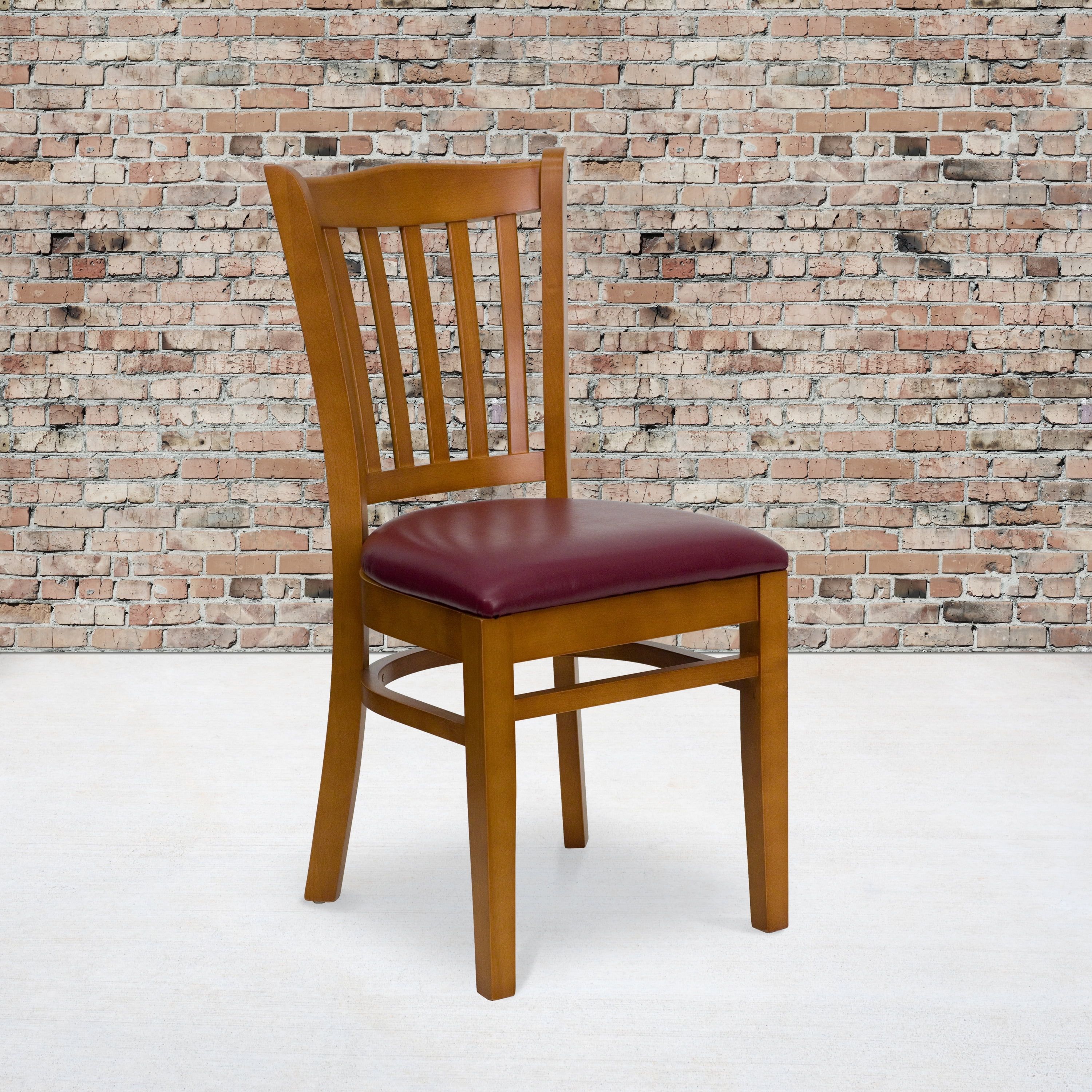 Cherry Wood Mid-Back Dining Chair with Burgundy Vinyl Seat