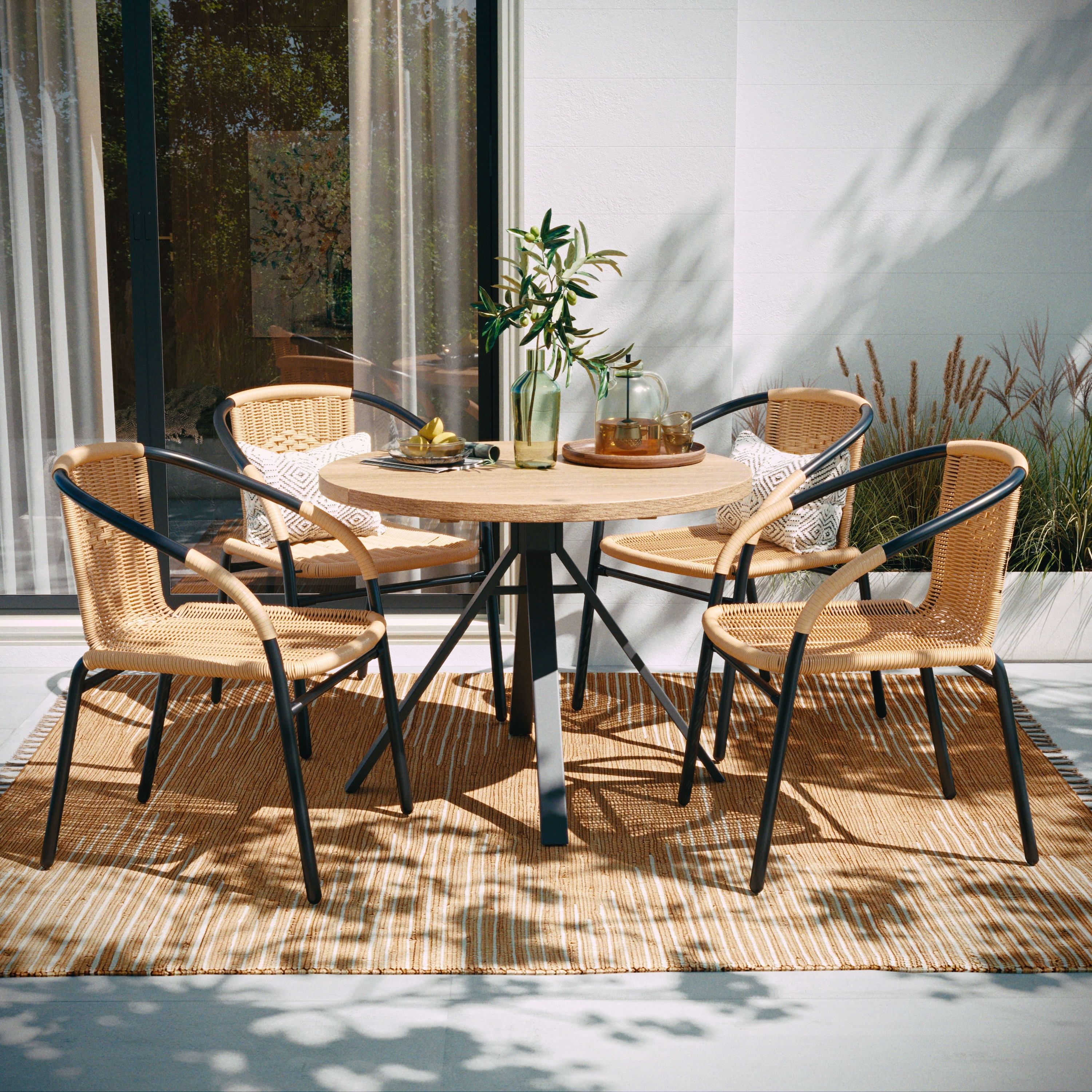 Beige Rattan and Black Metal Indoor-Outdoor Dining Chair Set