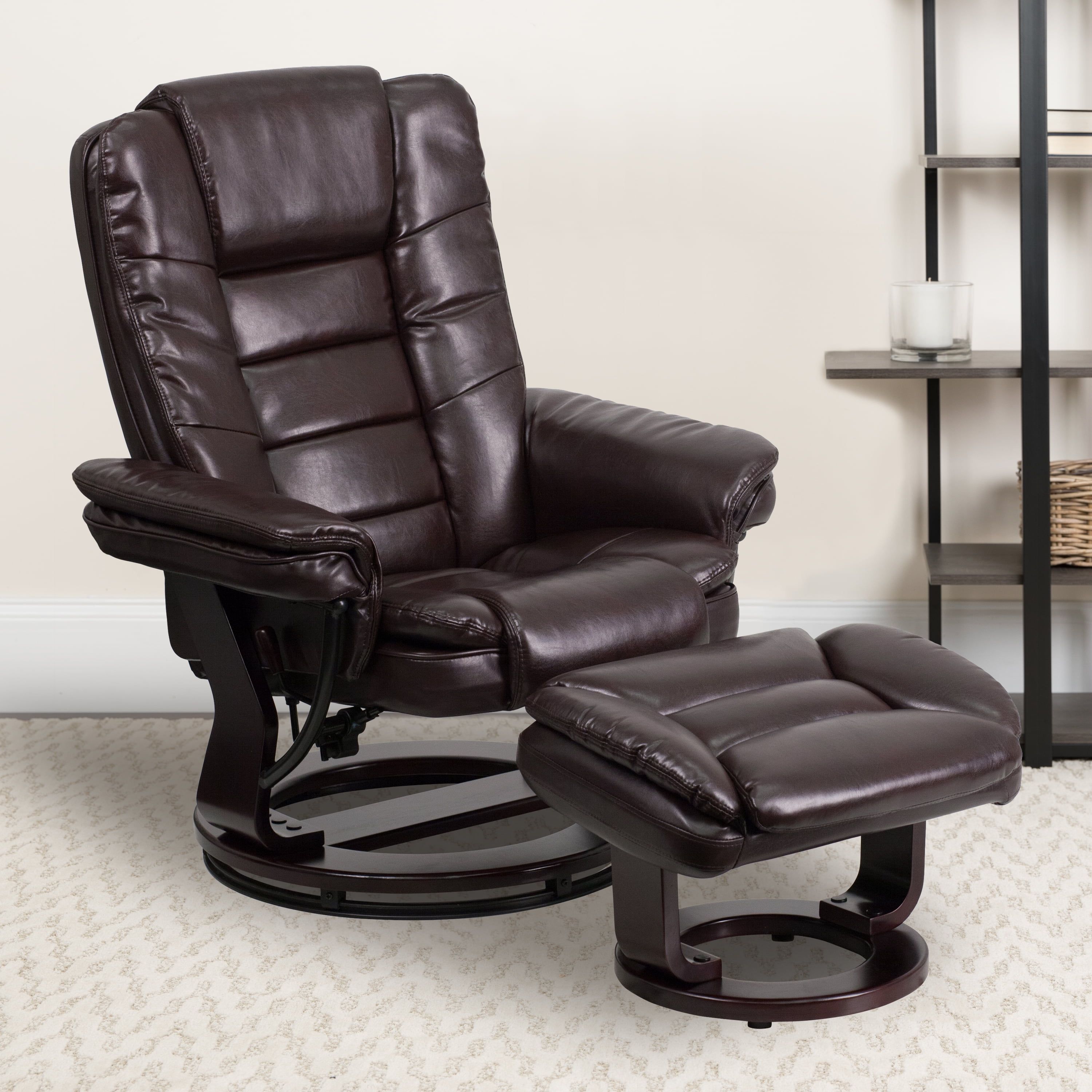 Brown Leather Swivel Recliner with Ottoman and Wood Base