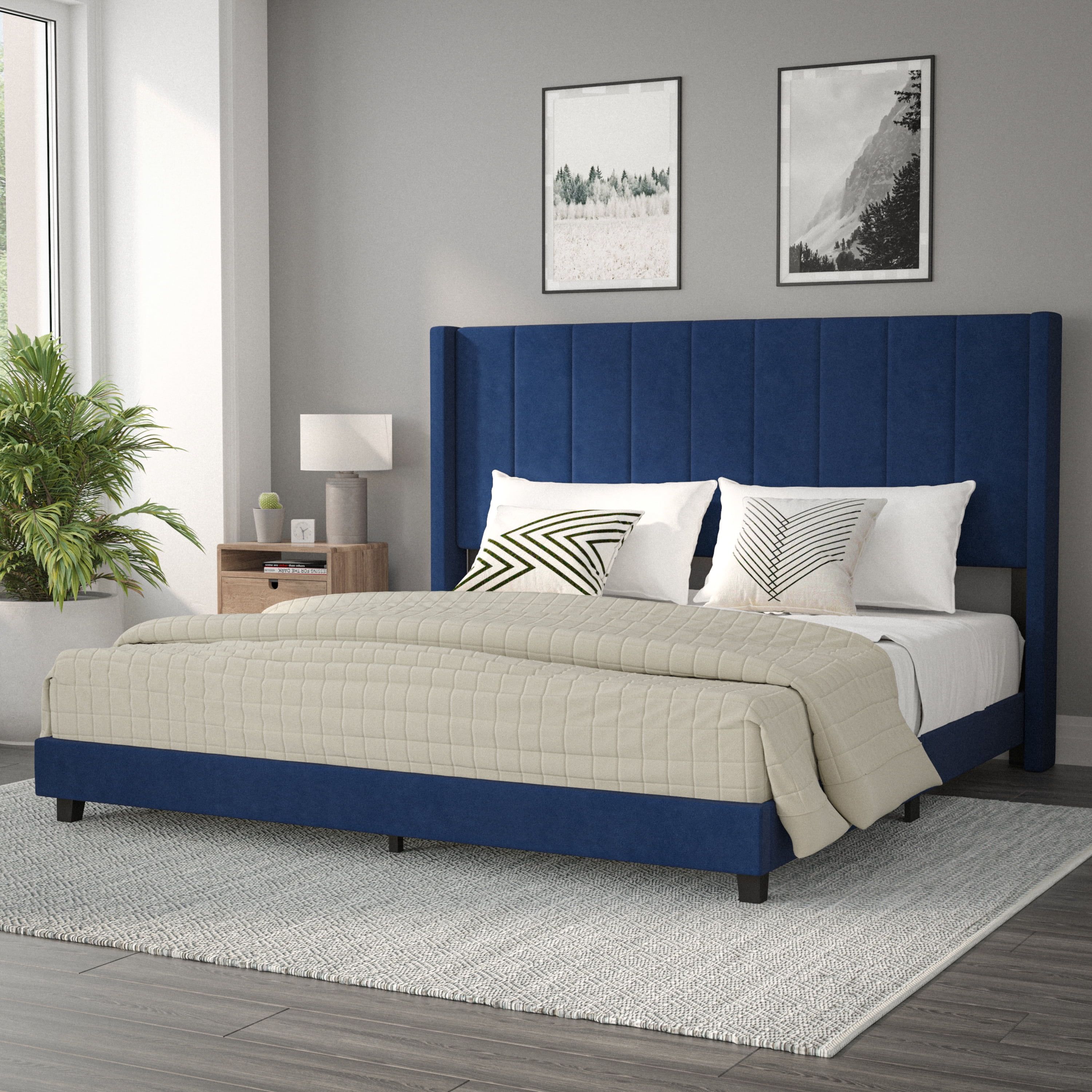 King Navy Velvet Upholstered Platform Bed with Wingback Headboard