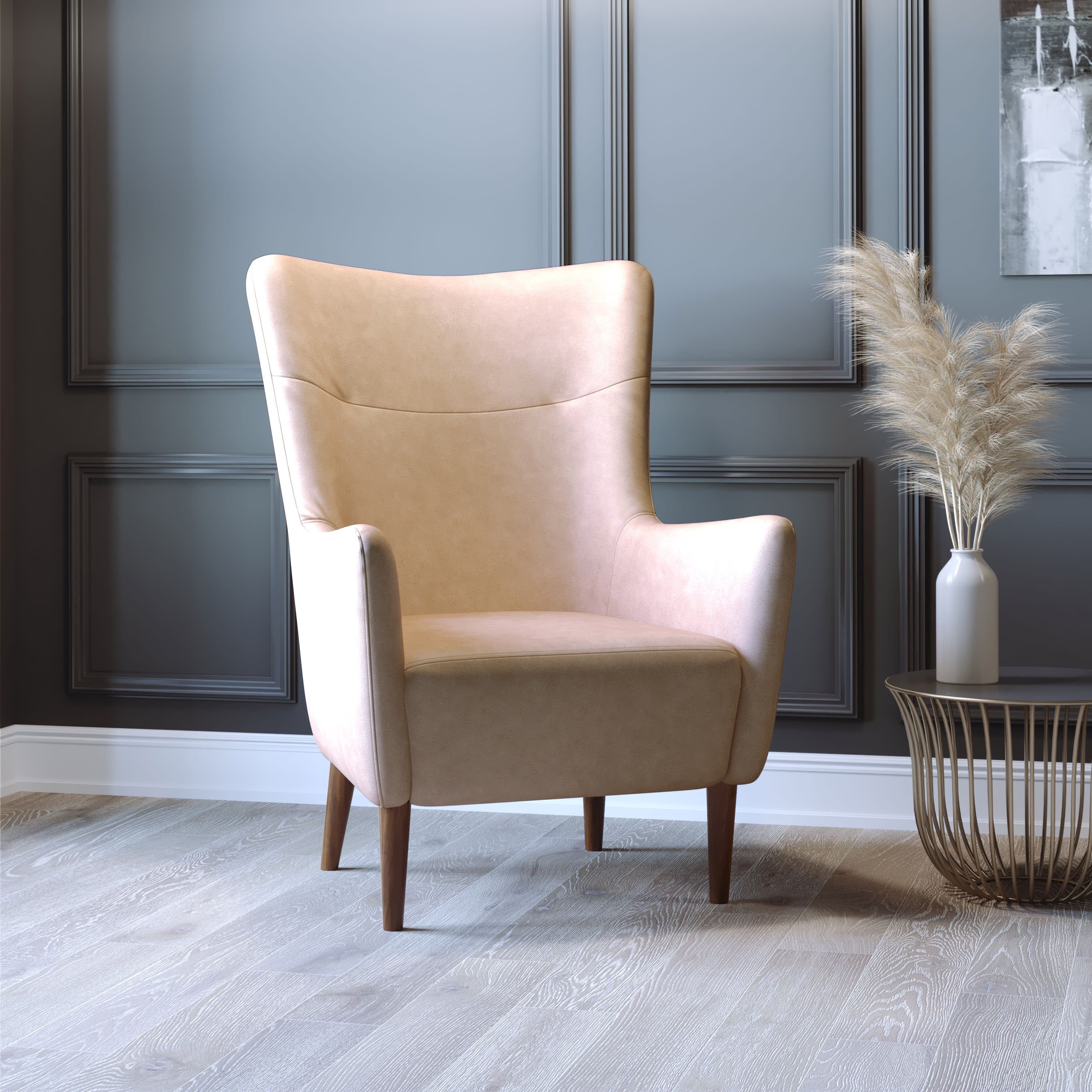 Light Brown Faux Leather Wingback Accent Chair with Wooden Legs