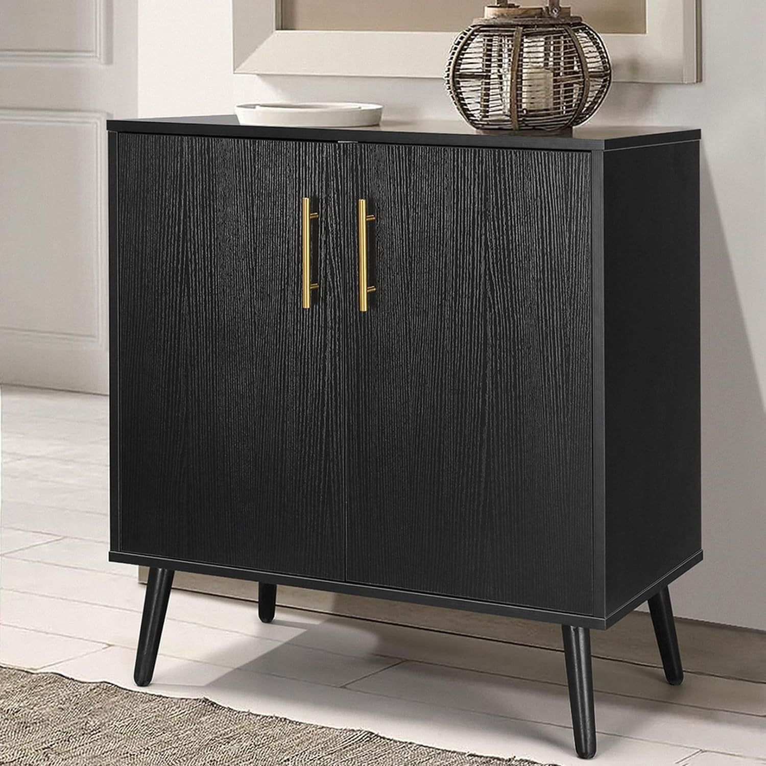 Black and Gold Mid Century Modern Accent Cabinet with Adjustable Shelves