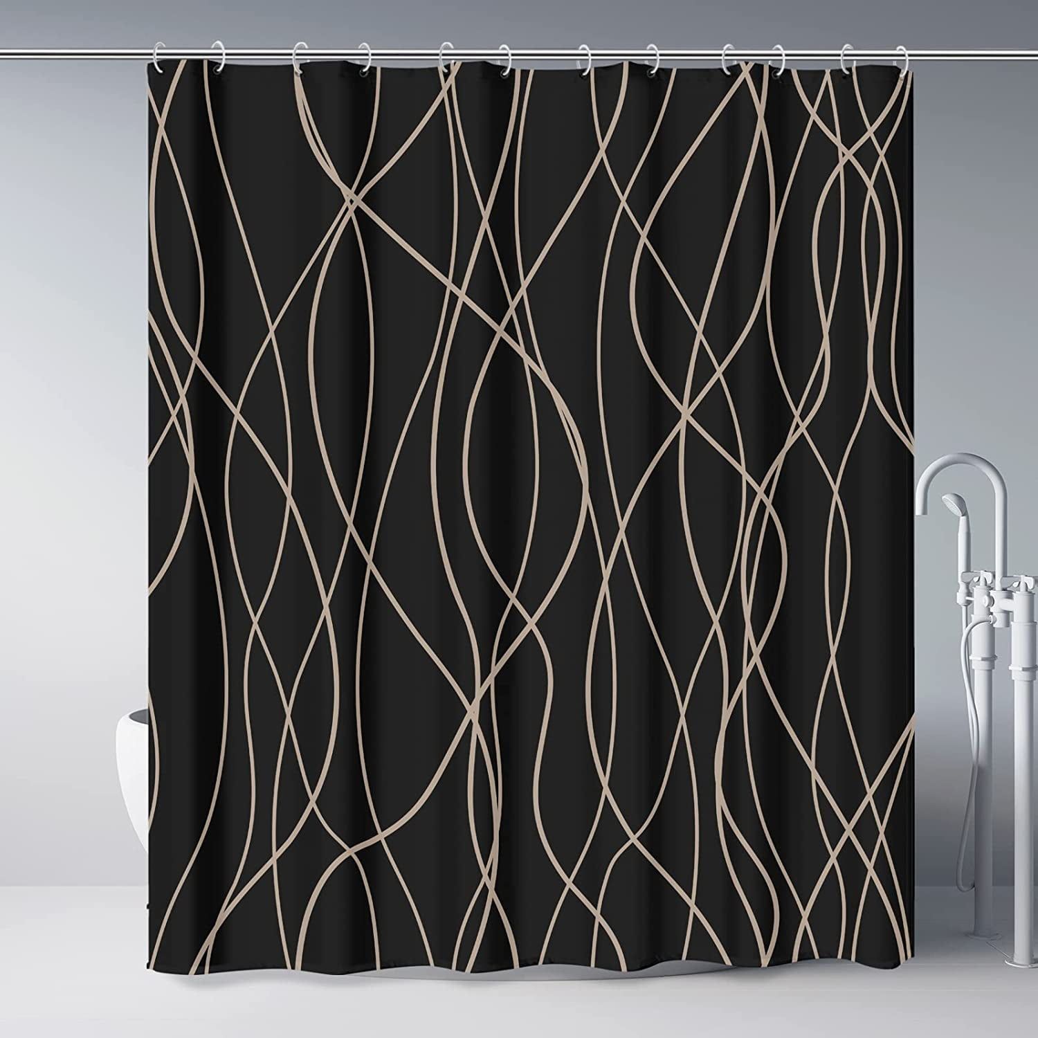 Black and Brown Striped Fabric Shower Curtain with Hooks