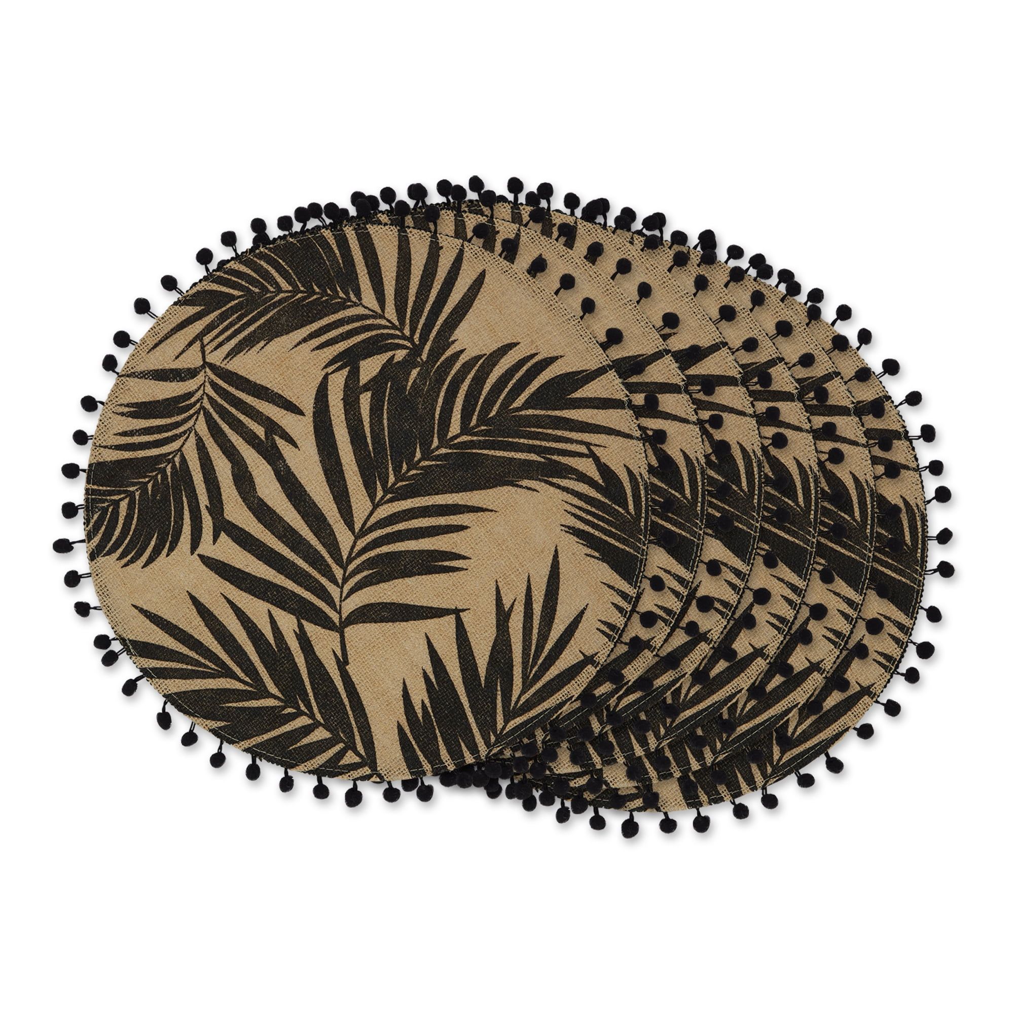 Natural Jute Round Placemats with Black Fern Print and Pom Pom Fringe (Set of 6)