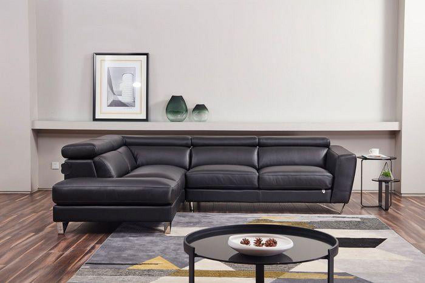 Black Genuine Leather Right Sitting Sectional with Stainless Steel Legs