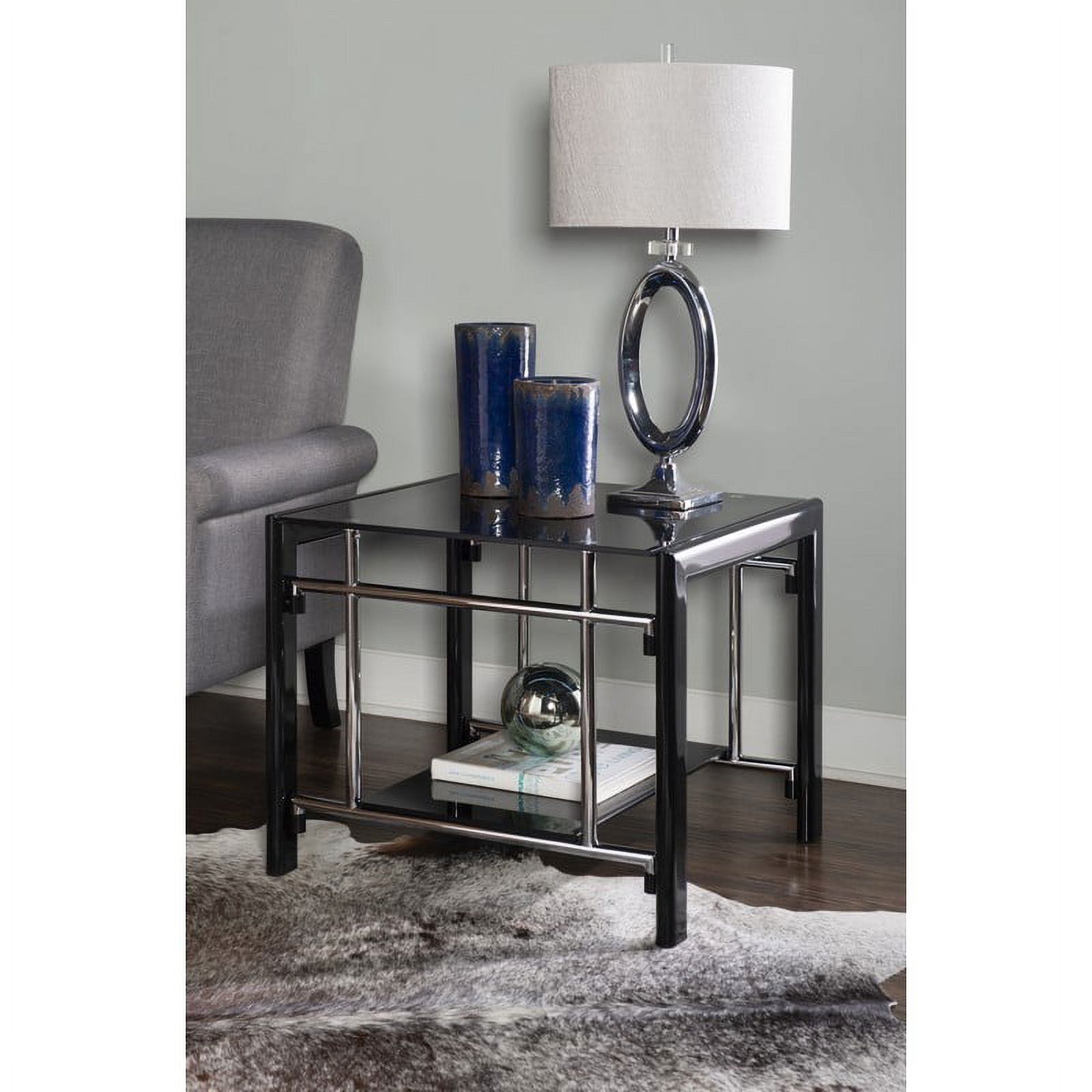 Modern Black Glass and Chrome Square End Table Set, 2 Pieces