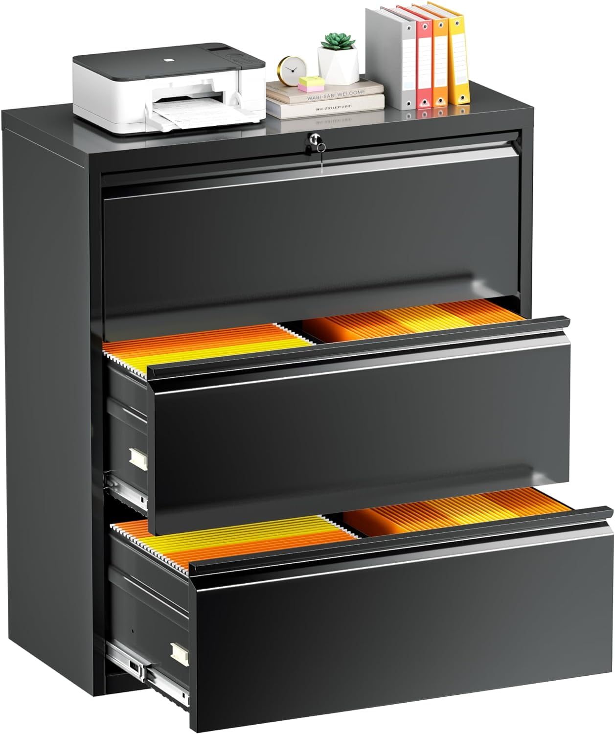 Black Metal 3-Drawer Lockable Lateral File Cabinet