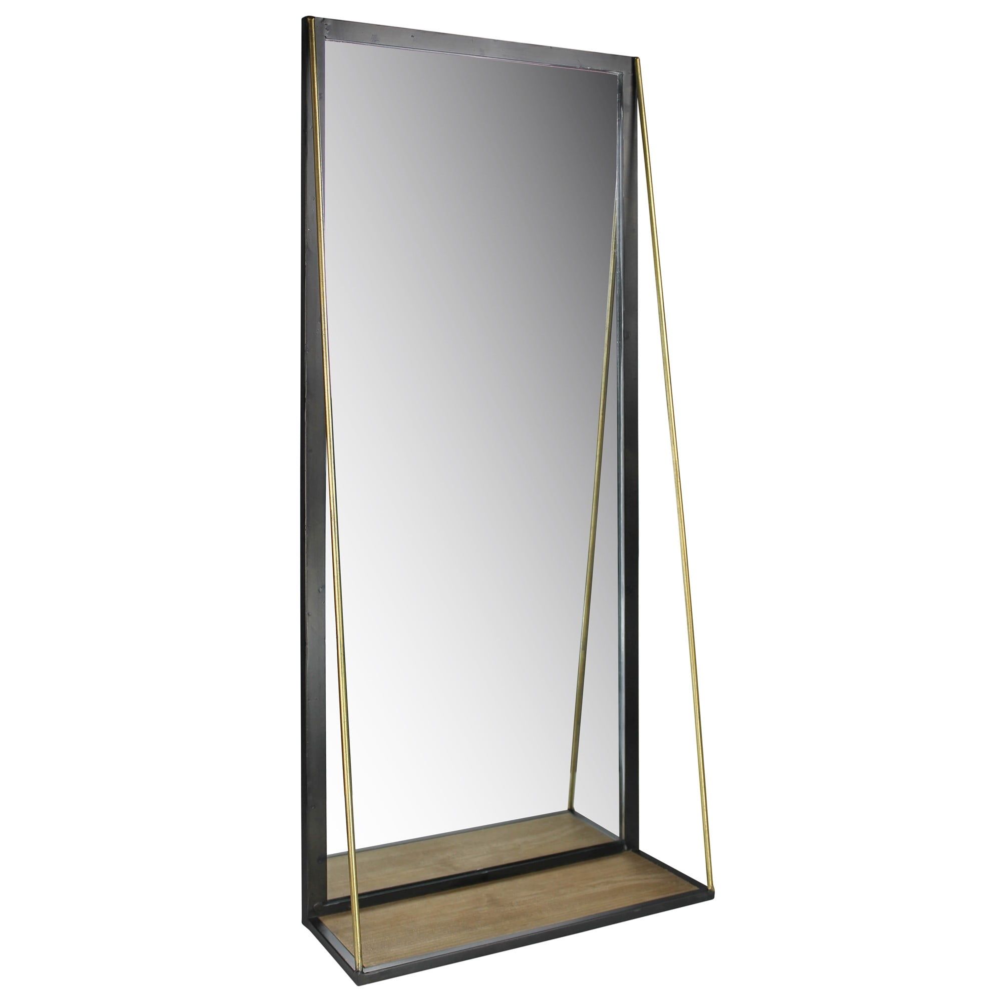 Rectangular Black Metal Mirror with Gold Rods and Shelf