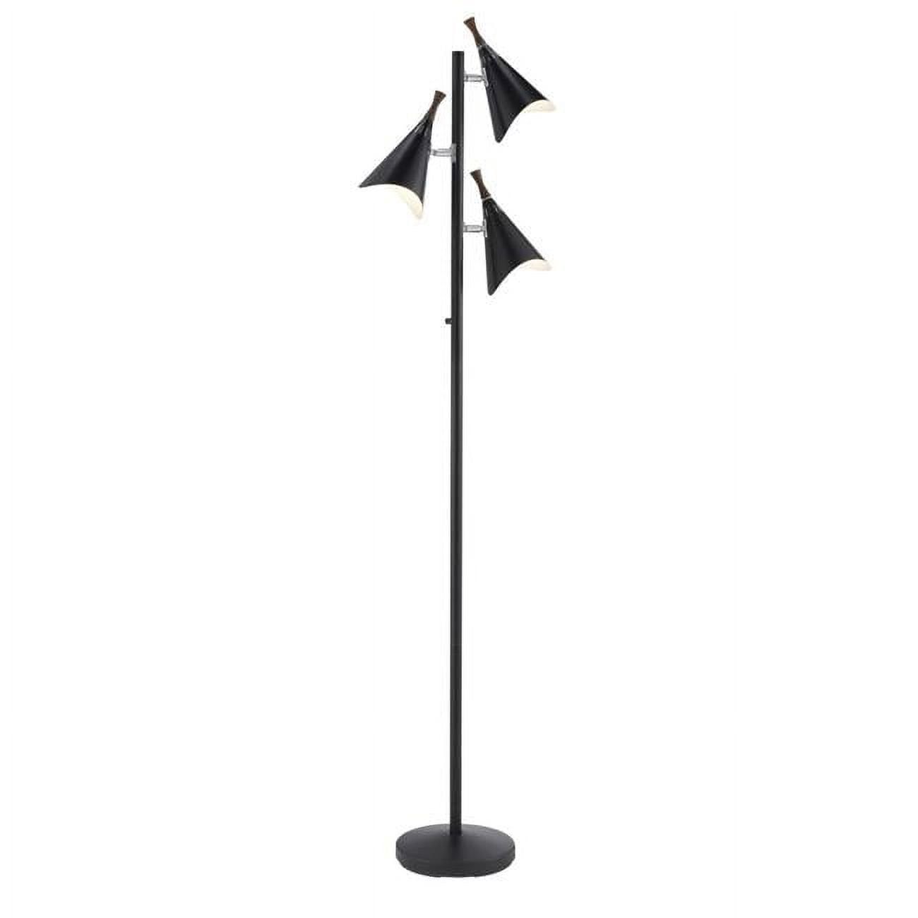 Matte Black Metal Tree Floor Lamp with Walnut Accents and Adjustable Shades