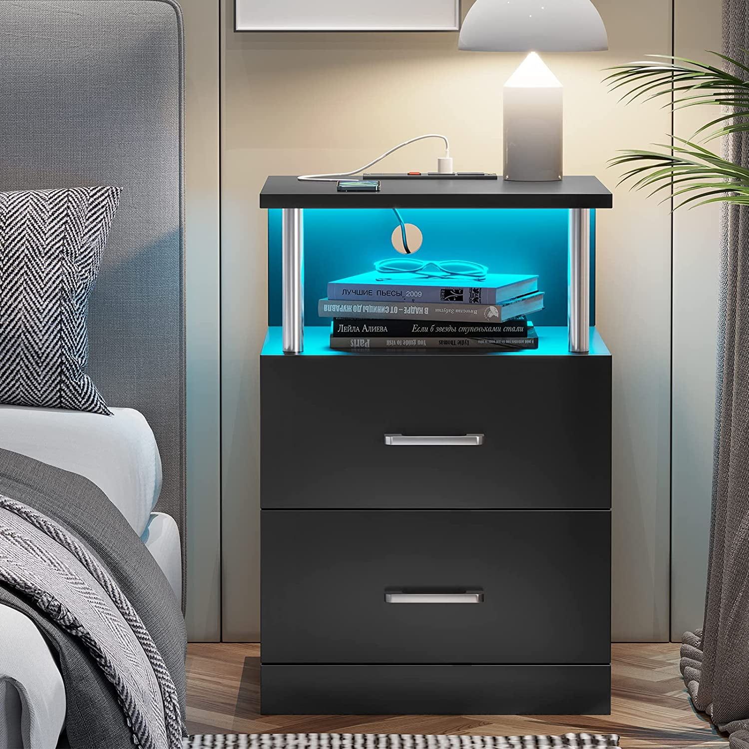 Black MDF Nightstand with LED Lights and Charging Station