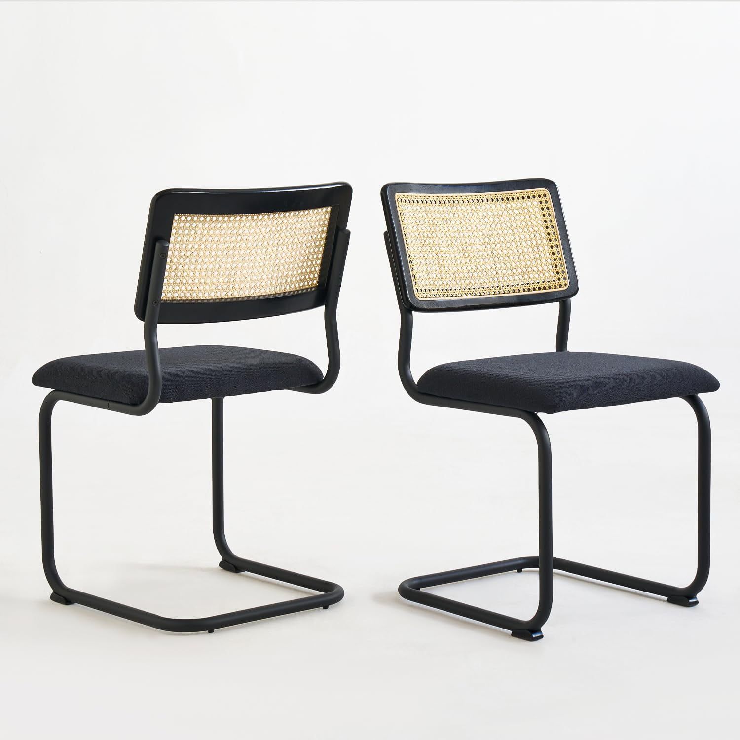 Black Rattan and Cane Upholstered Dining Chairs, Set of 2