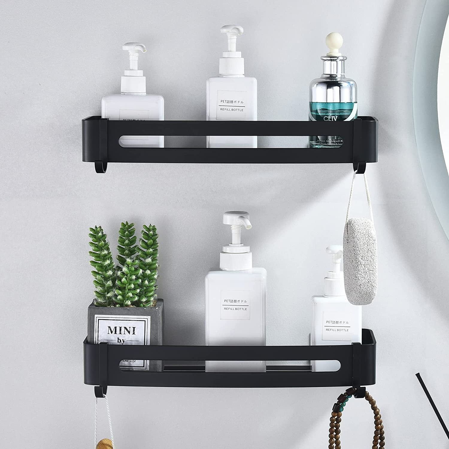 Black Aluminum 2-Tier No-Drill Shower Caddy with Hooks