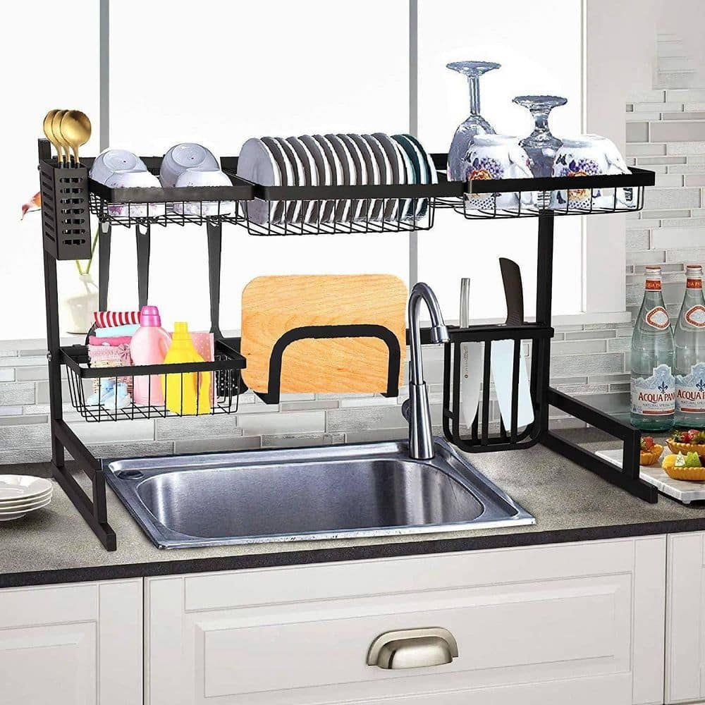 Black Stainless Steel Over-the-Sink Dish Drying Rack with Storage