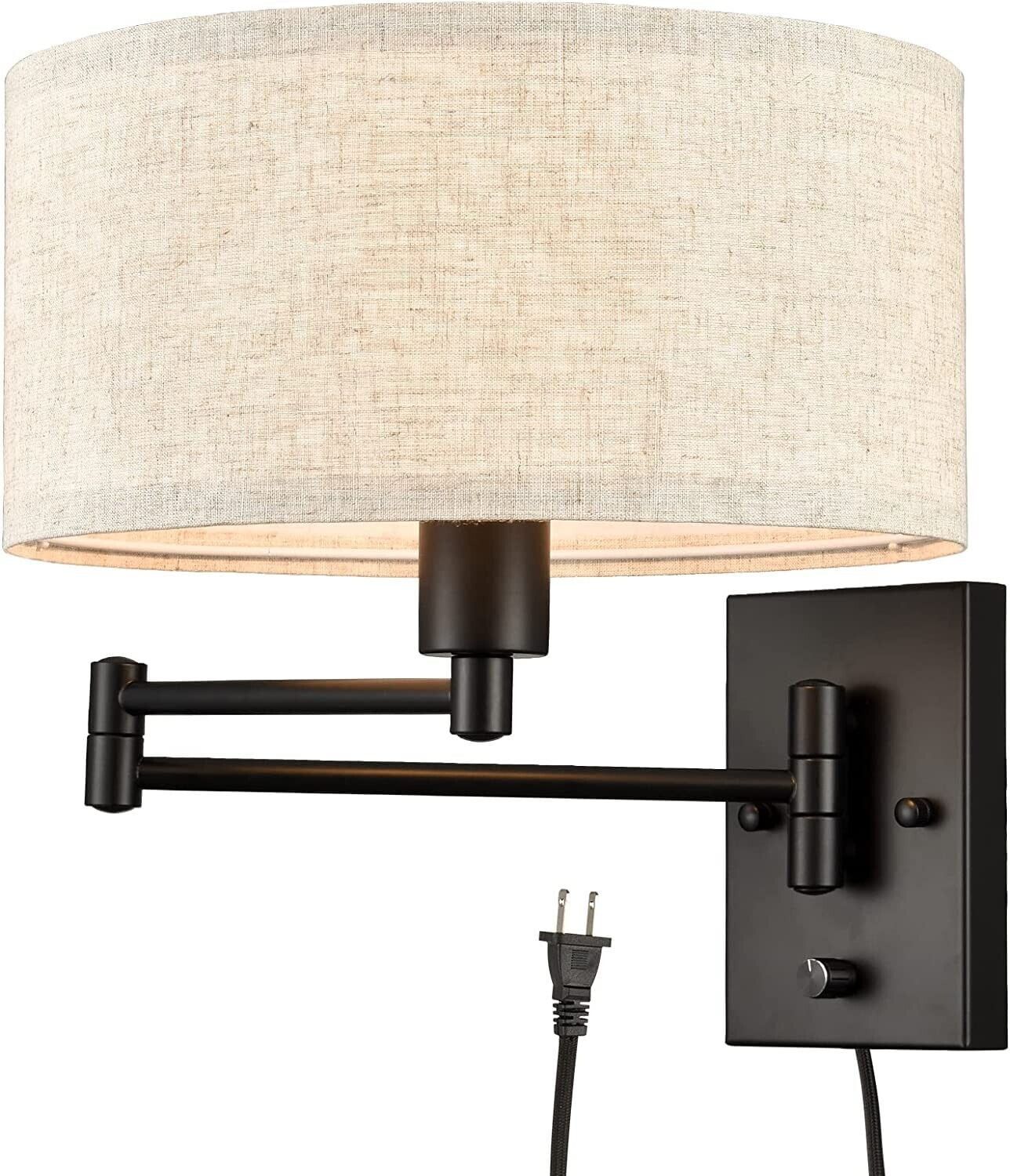 Black Swing Arm Wall Sconce with Fabric Drum Shade