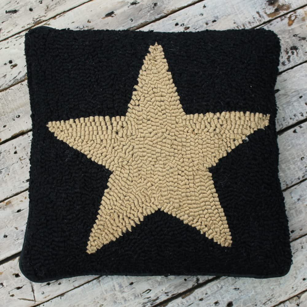 Black and Tan Hooked Wool Star Pillow Cover 14" x 14"