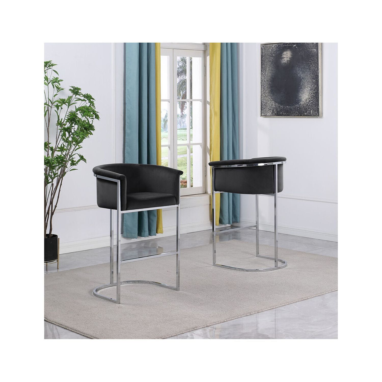 Black Velvet Counter Height Chair with Silver Metal Base