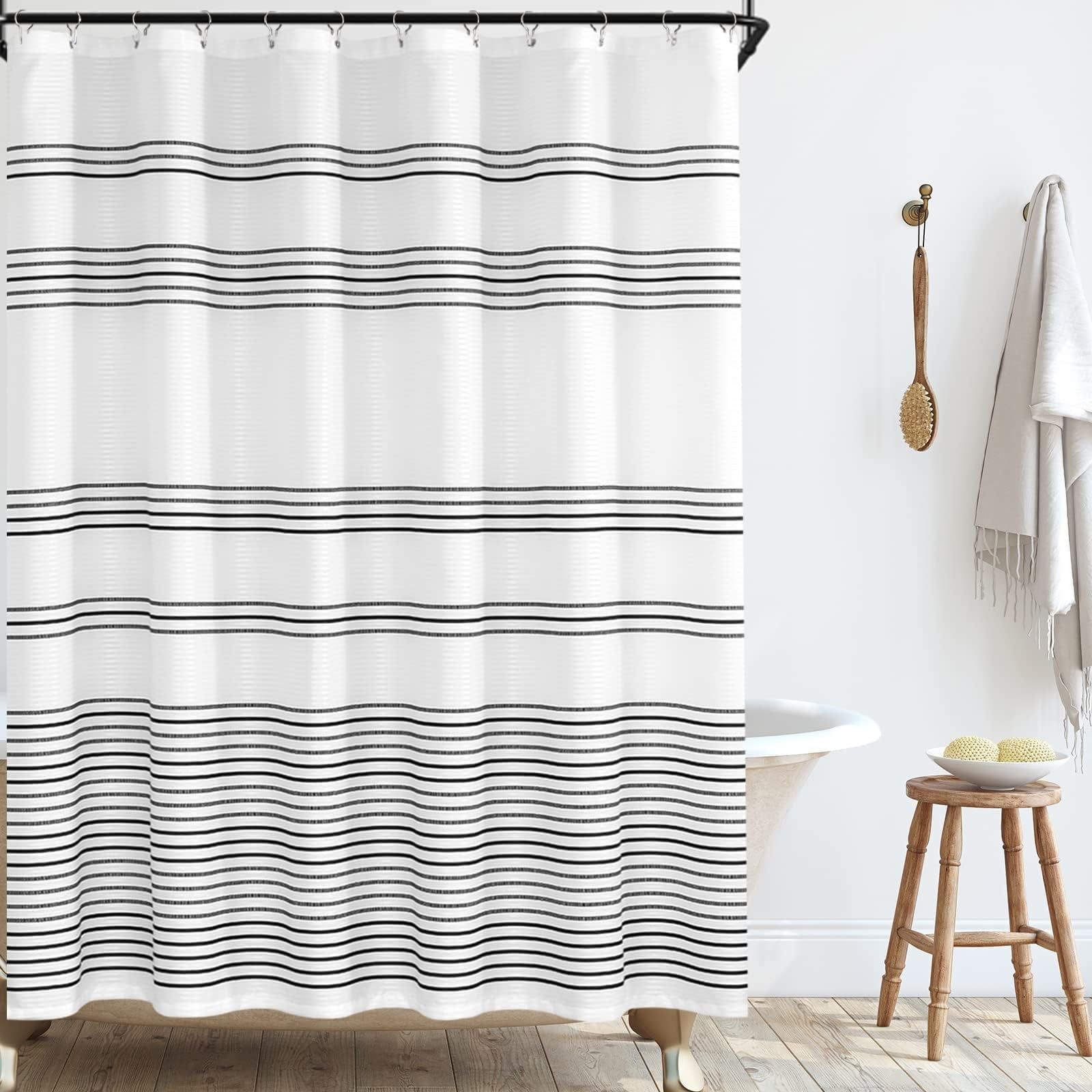 Modern Black and White Striped Fabric Shower Curtain 72x70 Inches