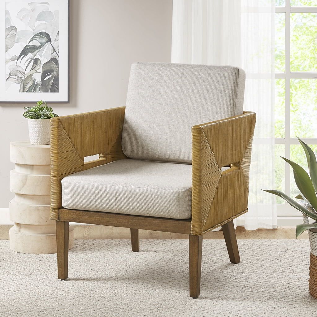 Beige Handcrafted Rattan Barrel Accent Chair with Wood Legs