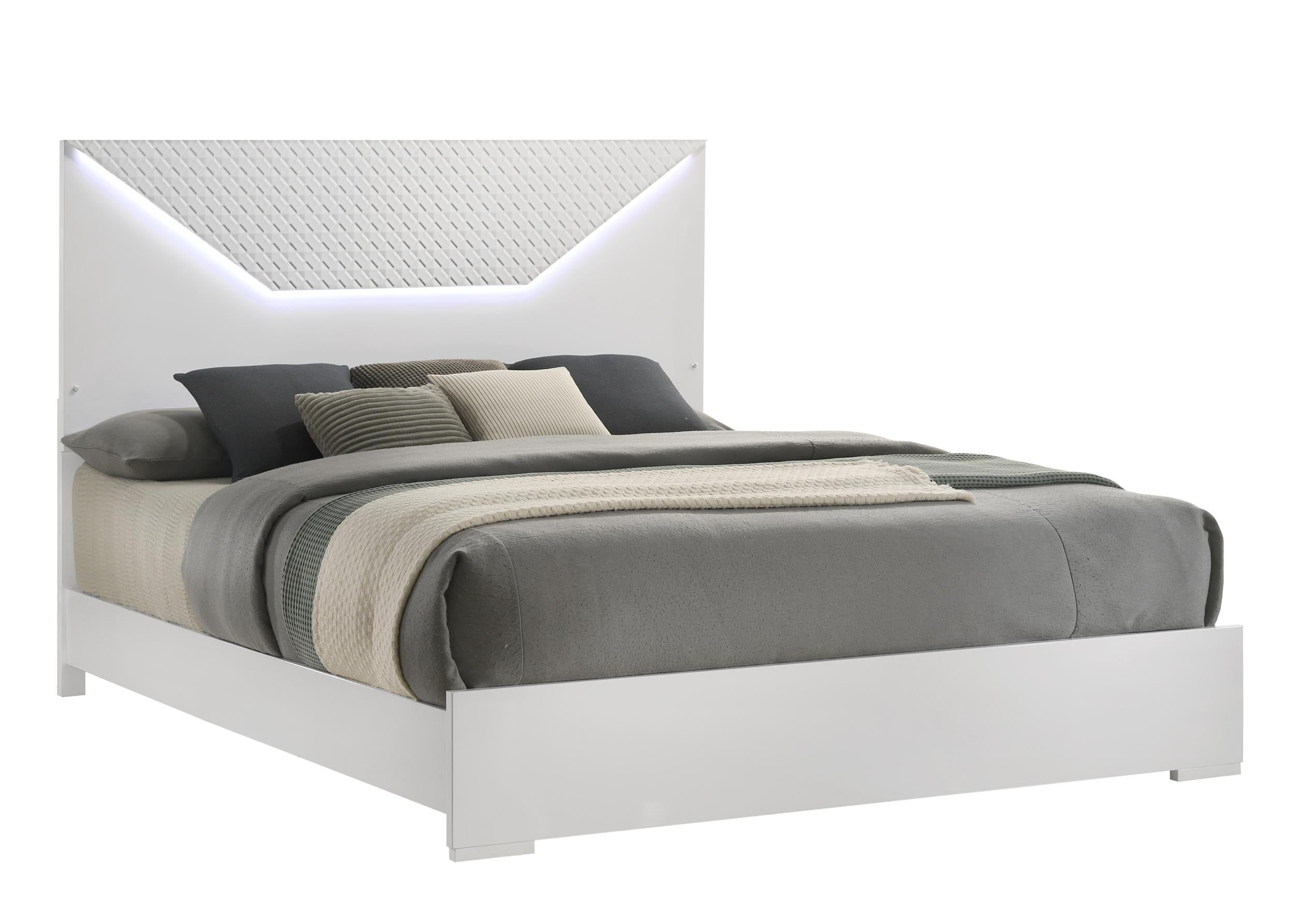 Blanca White King Bed with LED Headboard and Wood Frame