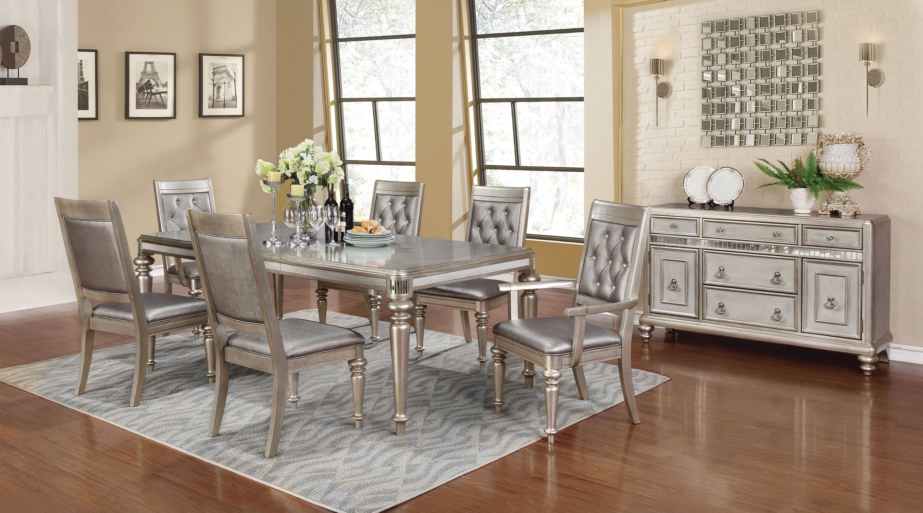 Metallic Platinum 7-Piece Dining Set with Faux Leather Chairs