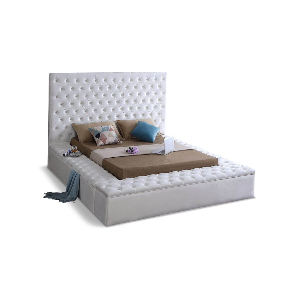Elegant Bliss King-Size White Velvet Upholstered Bed with Storage