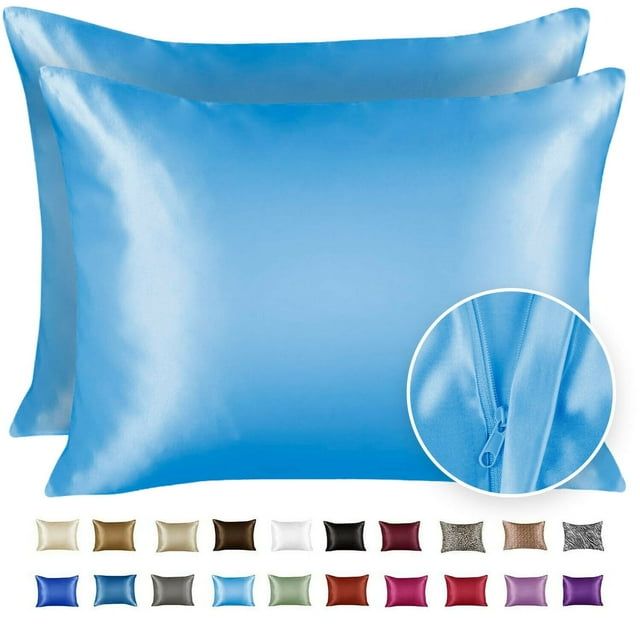 Jewel Blue Satin and Silk Standard Pillowcase Set with Zipper Closure