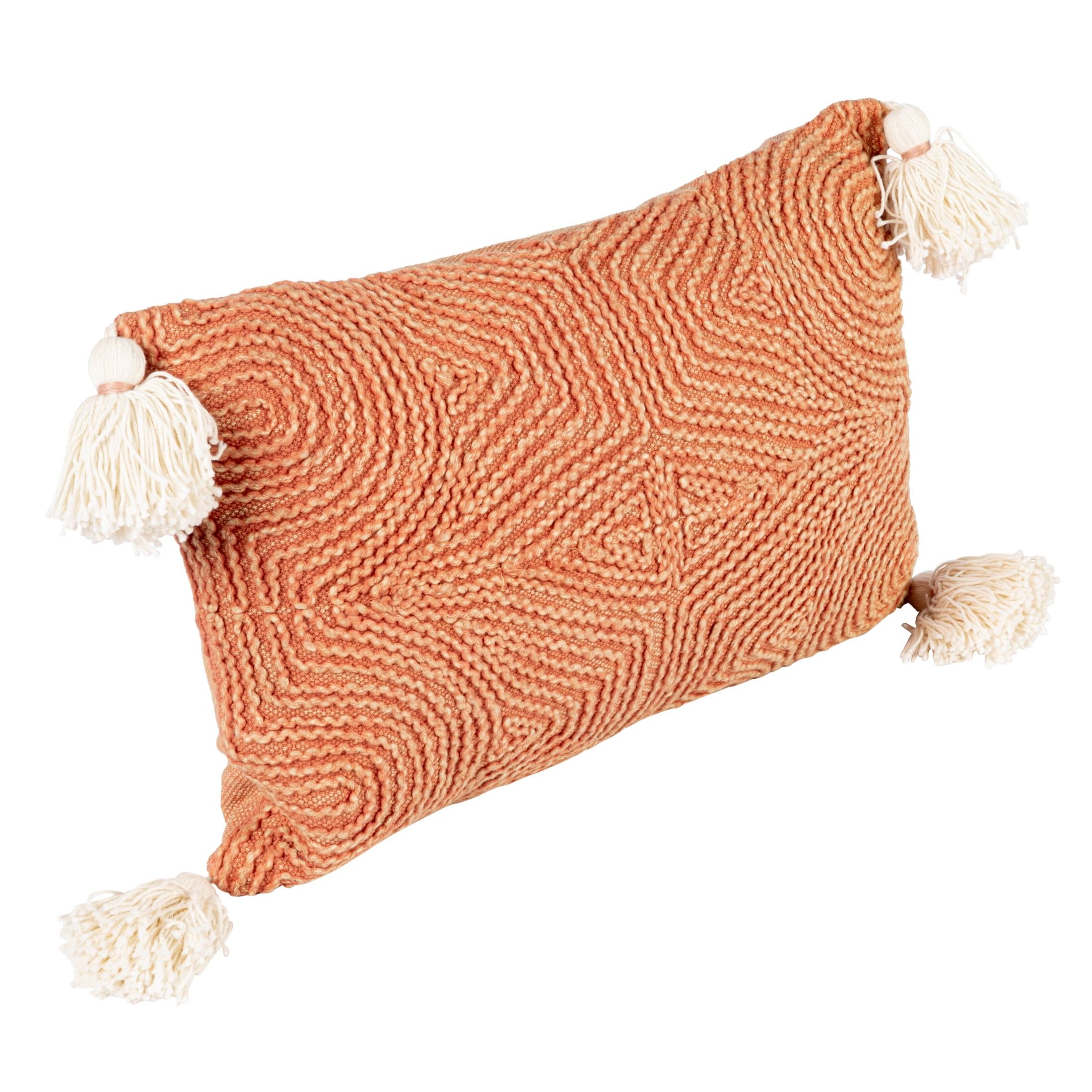 Terracotta Cotton Lumbar Pillow with Embroidery and Tassels