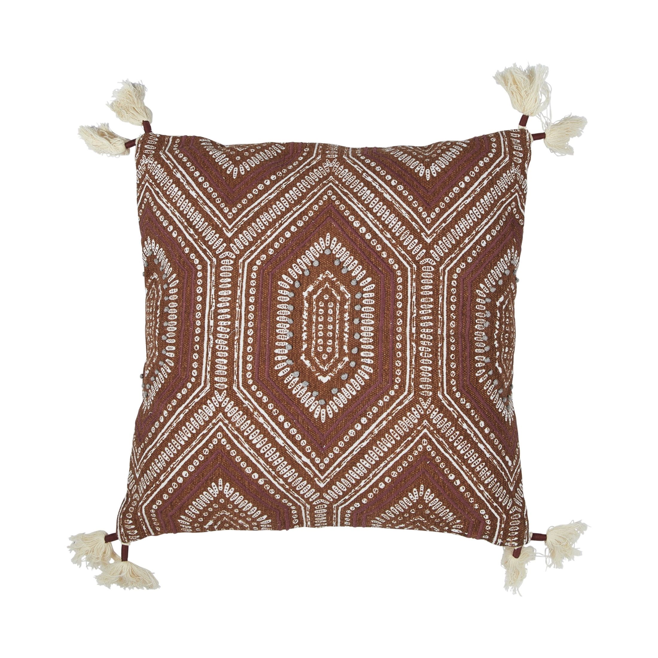 Brown and White Embroidered Square Cotton Pillow with Tassels