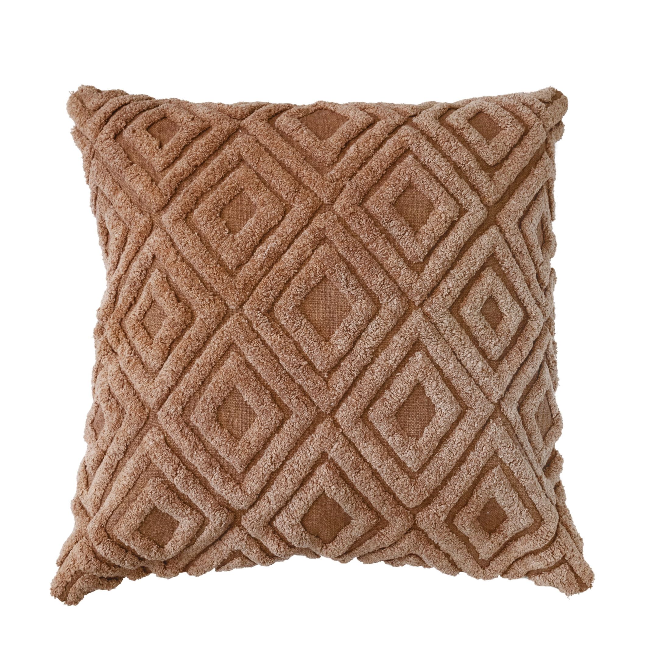 Brown Cotton Embroidered Tufted Diamond Throw Pillow, 24"