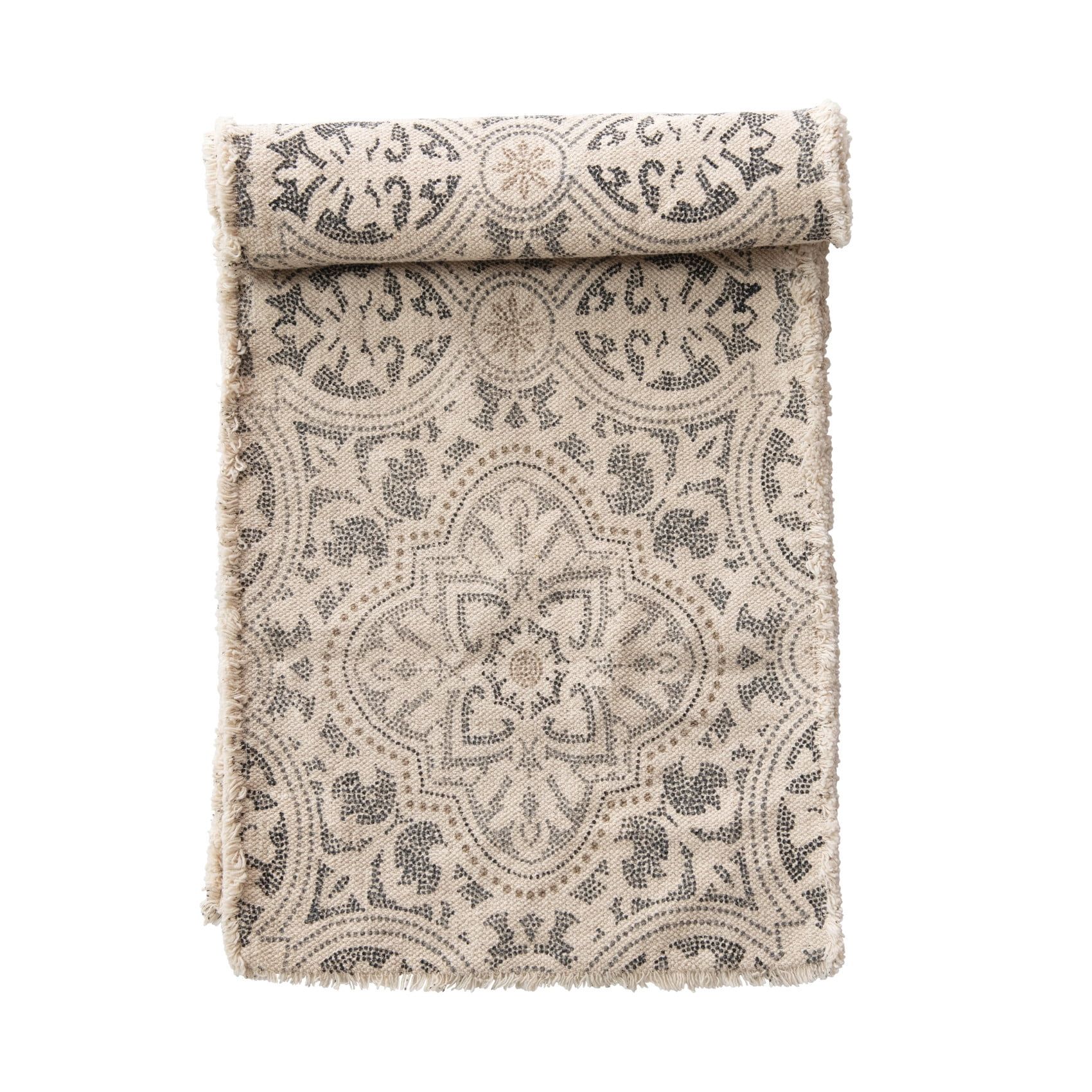 Grey and Cream Cotton Printed Table Runner with Frayed Edge