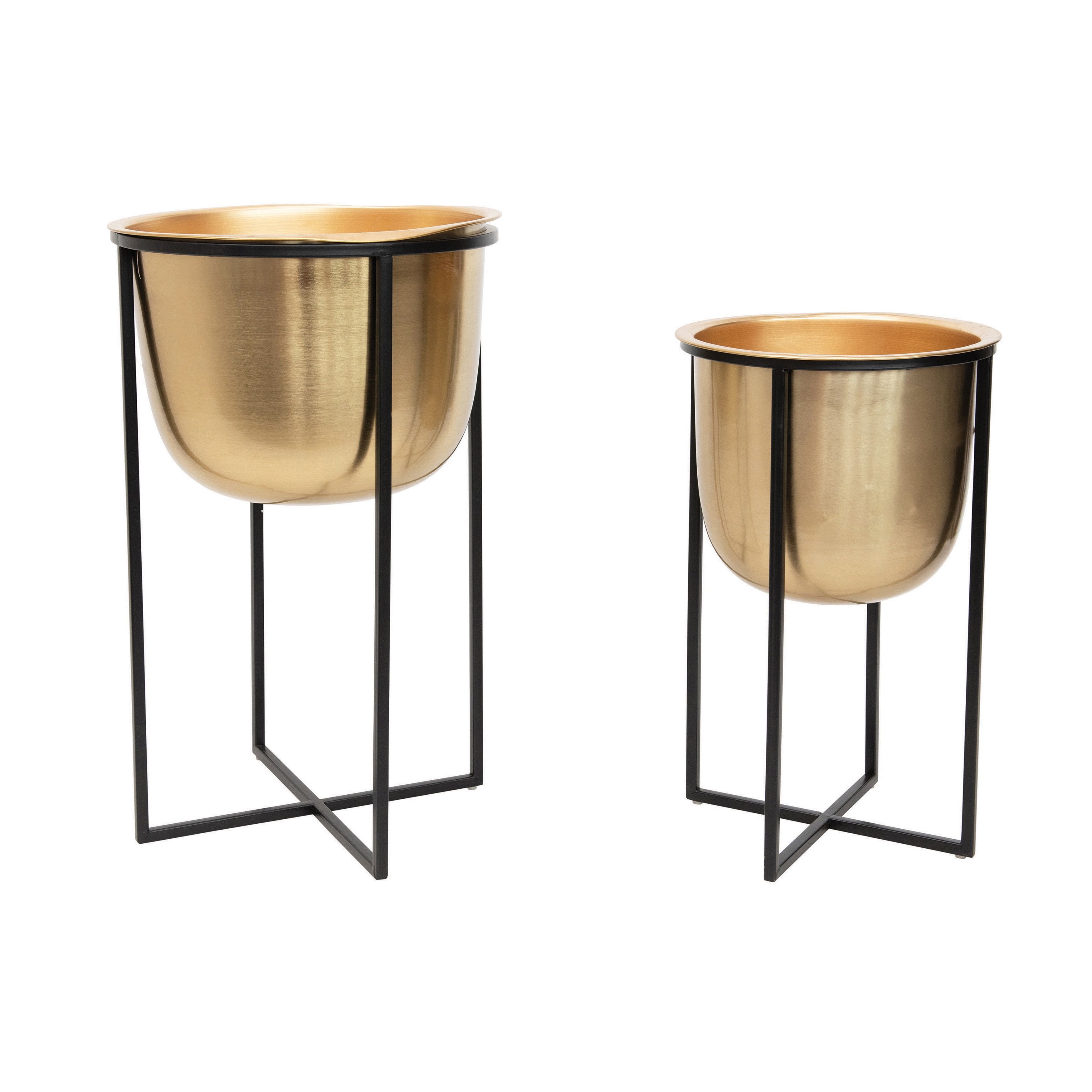 Modern Brushed Gold Metal Planters with Black Stands, Set of 2