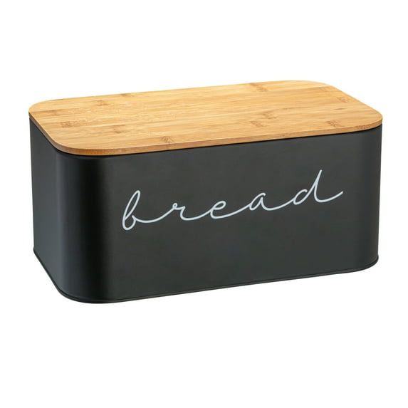 Black Metal Bread Bin with Bamboo Lid, 11.75"L x 7"H