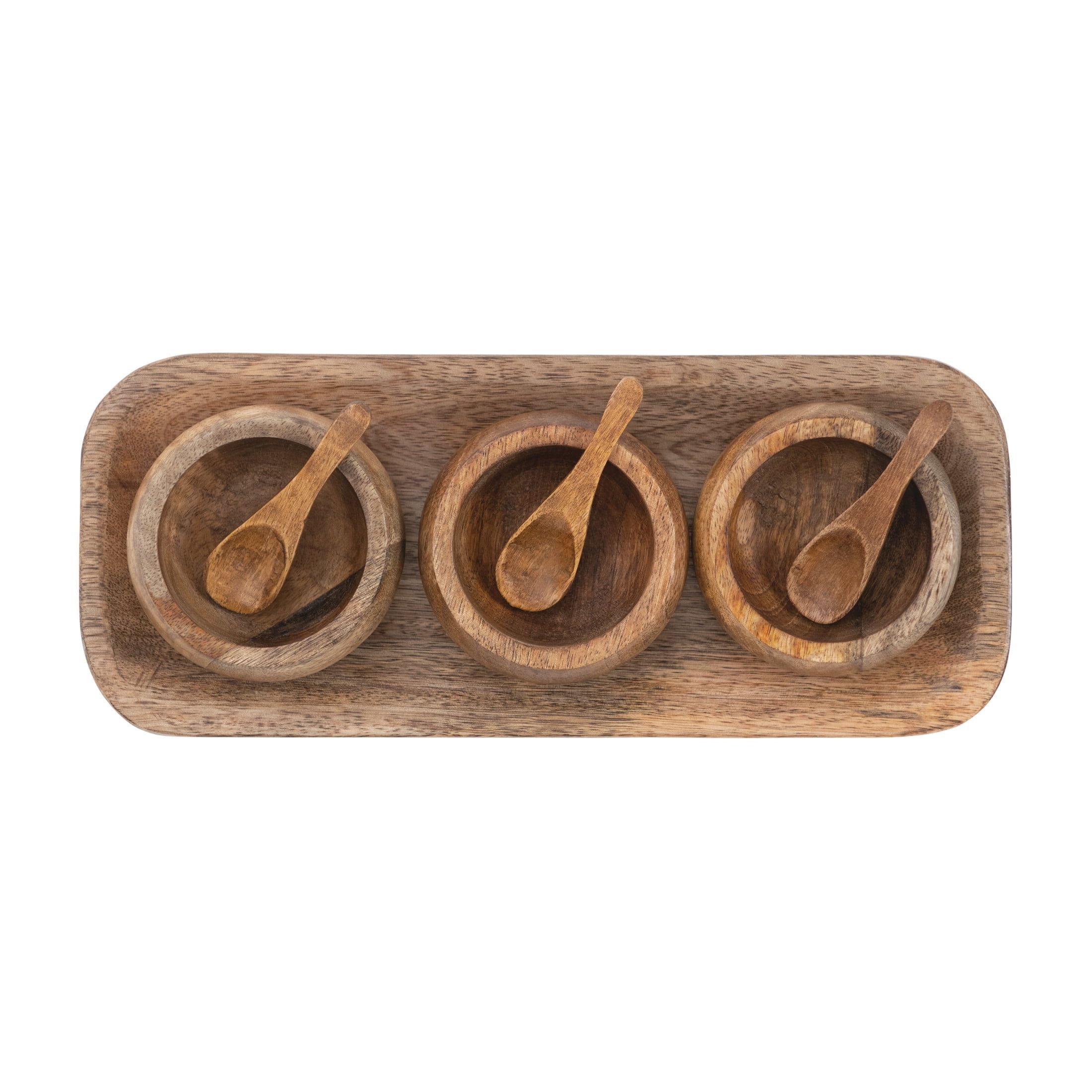 Natural Mango Wood Spice Bowl Set with Spoons and Tray