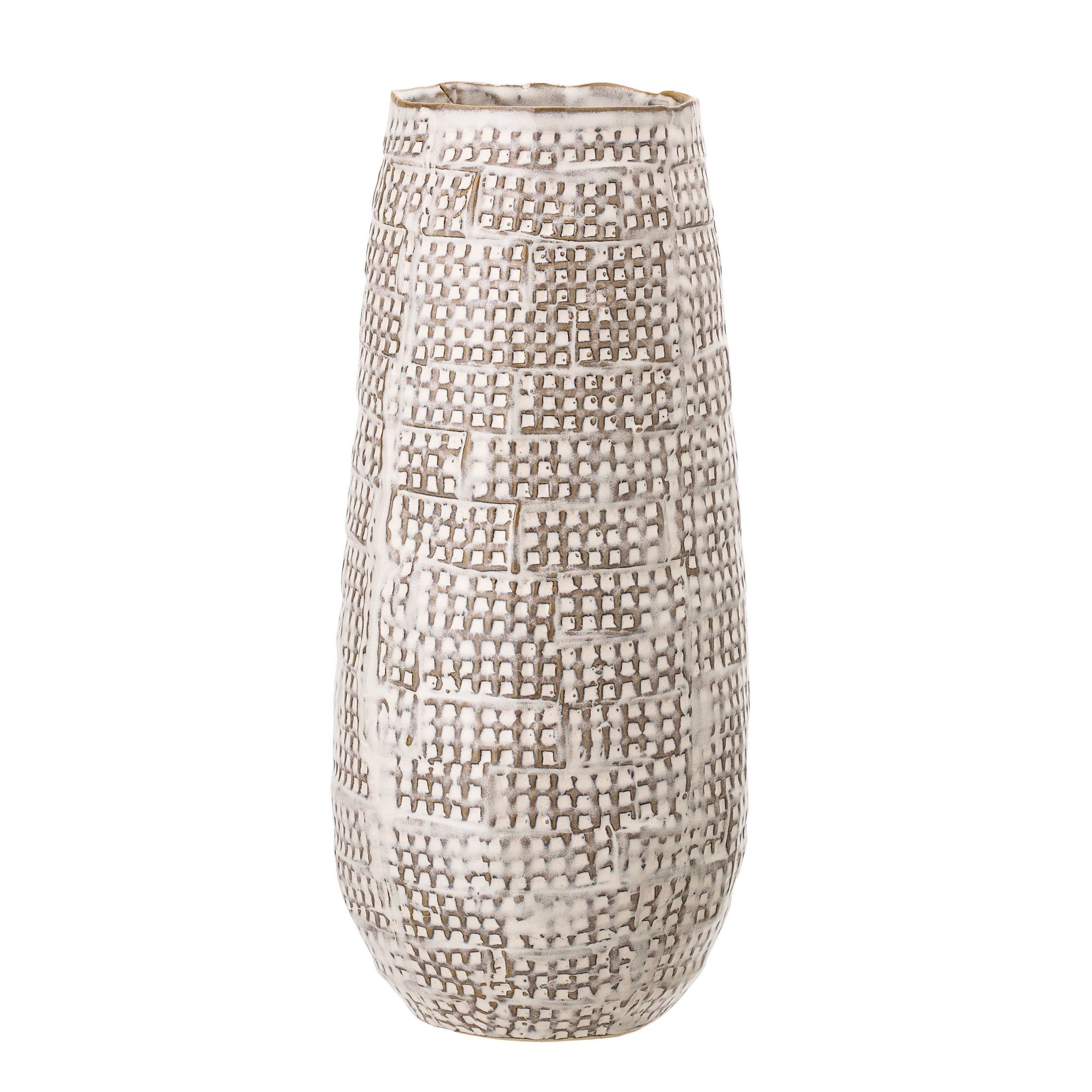 Tall Brown and White Embossed Ceramic Table Vase