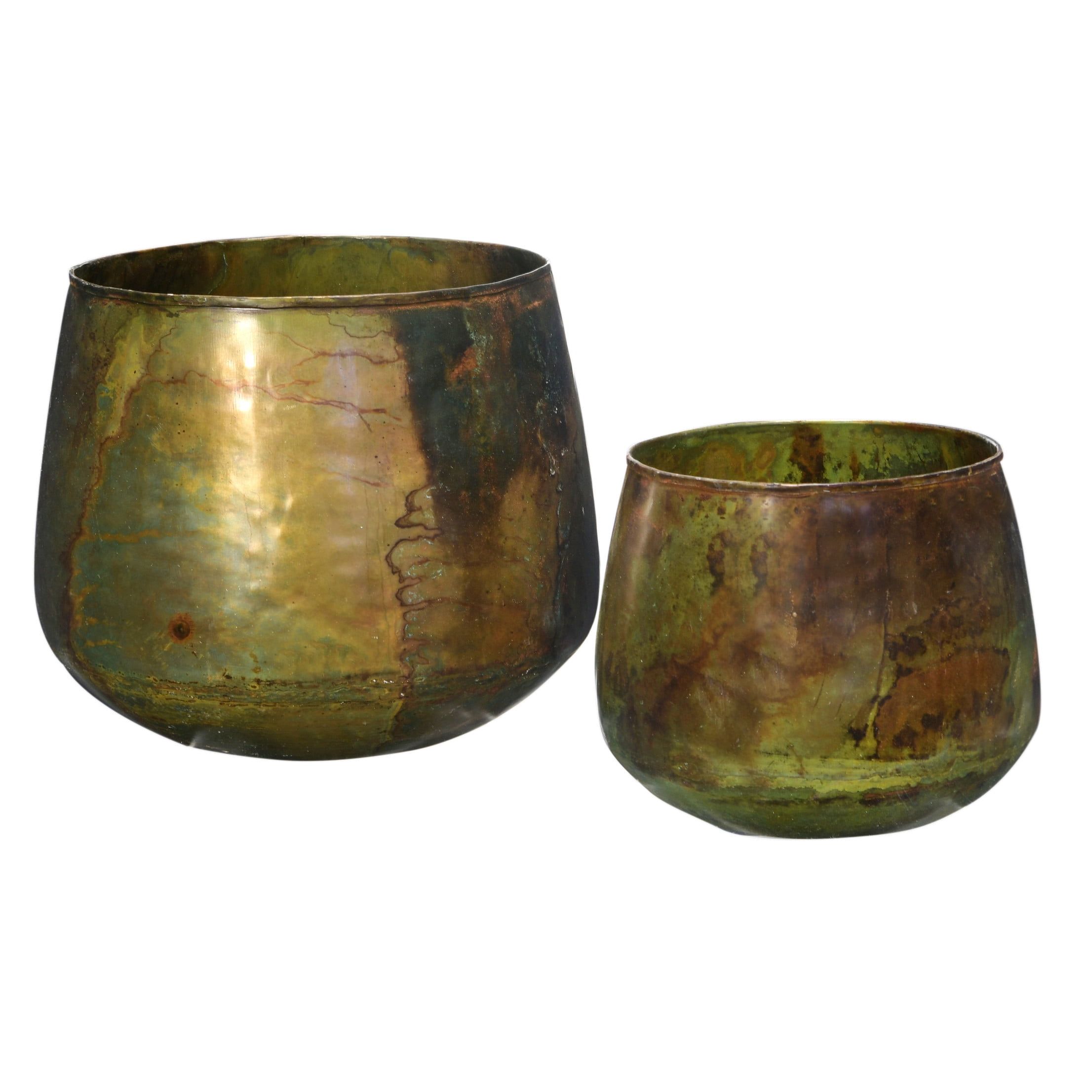 Green Oxidized Brass Round Metal Planters, Set of 2