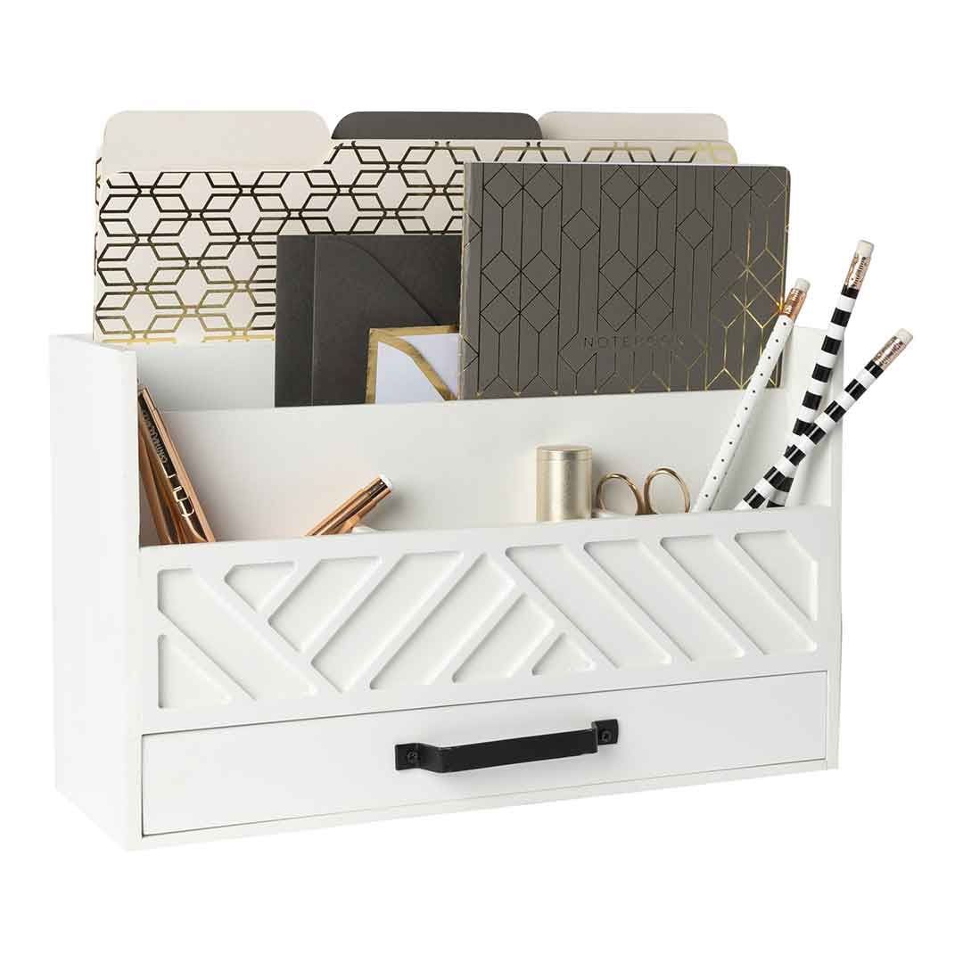 White Wooden Mail Organizer with Drawer and Geometric Design