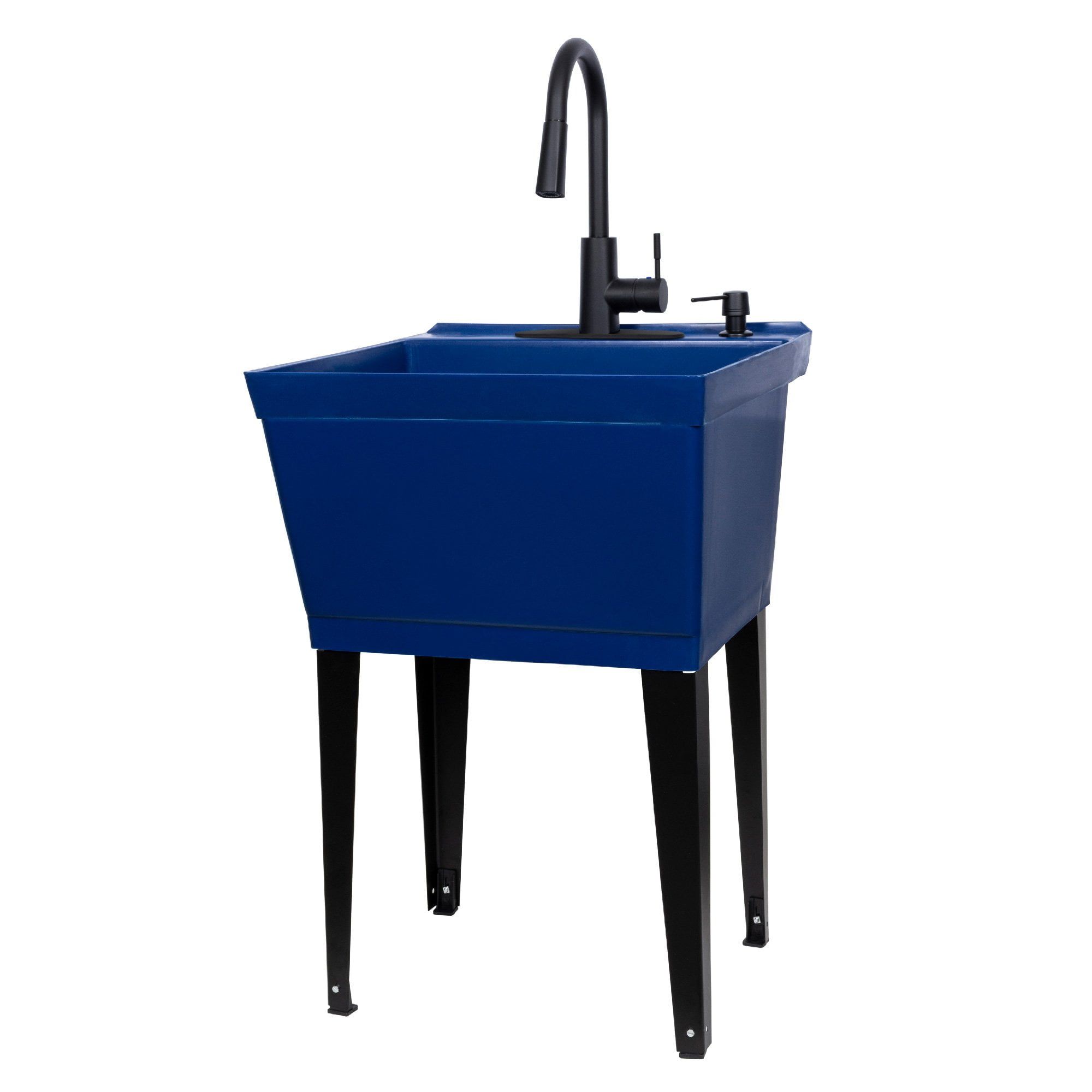 Blue Freestanding Utility Sink with Black High-Arc Faucet