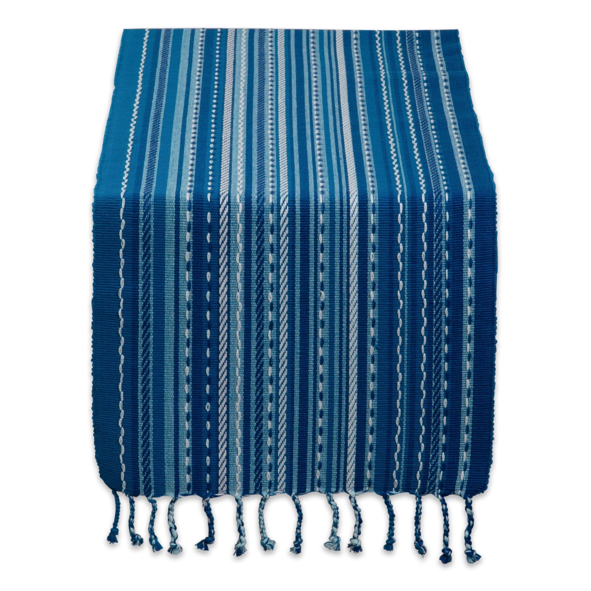 Blue Tonal Stripe Cotton Table Runner with Fringe, 14x72