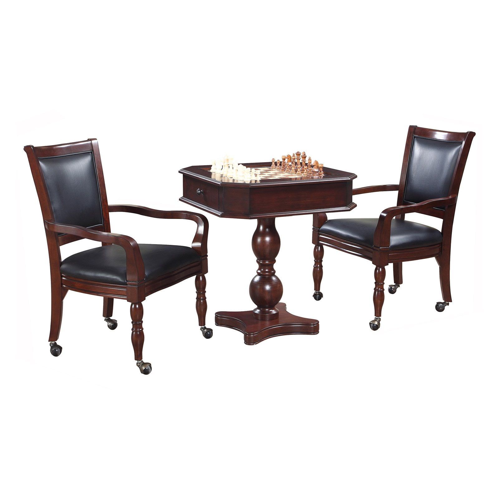 Mahogany 3-in-1 Game Table with Black Synthetic Leather Chairs