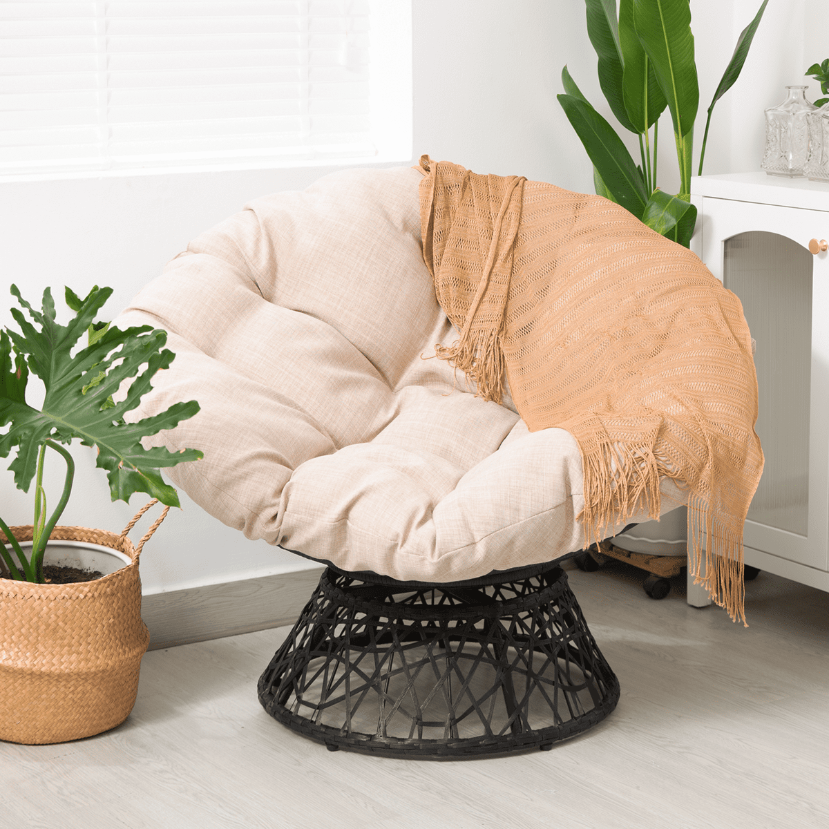 Sepia Sand Papasan Chair with Black Metal Swivel Base