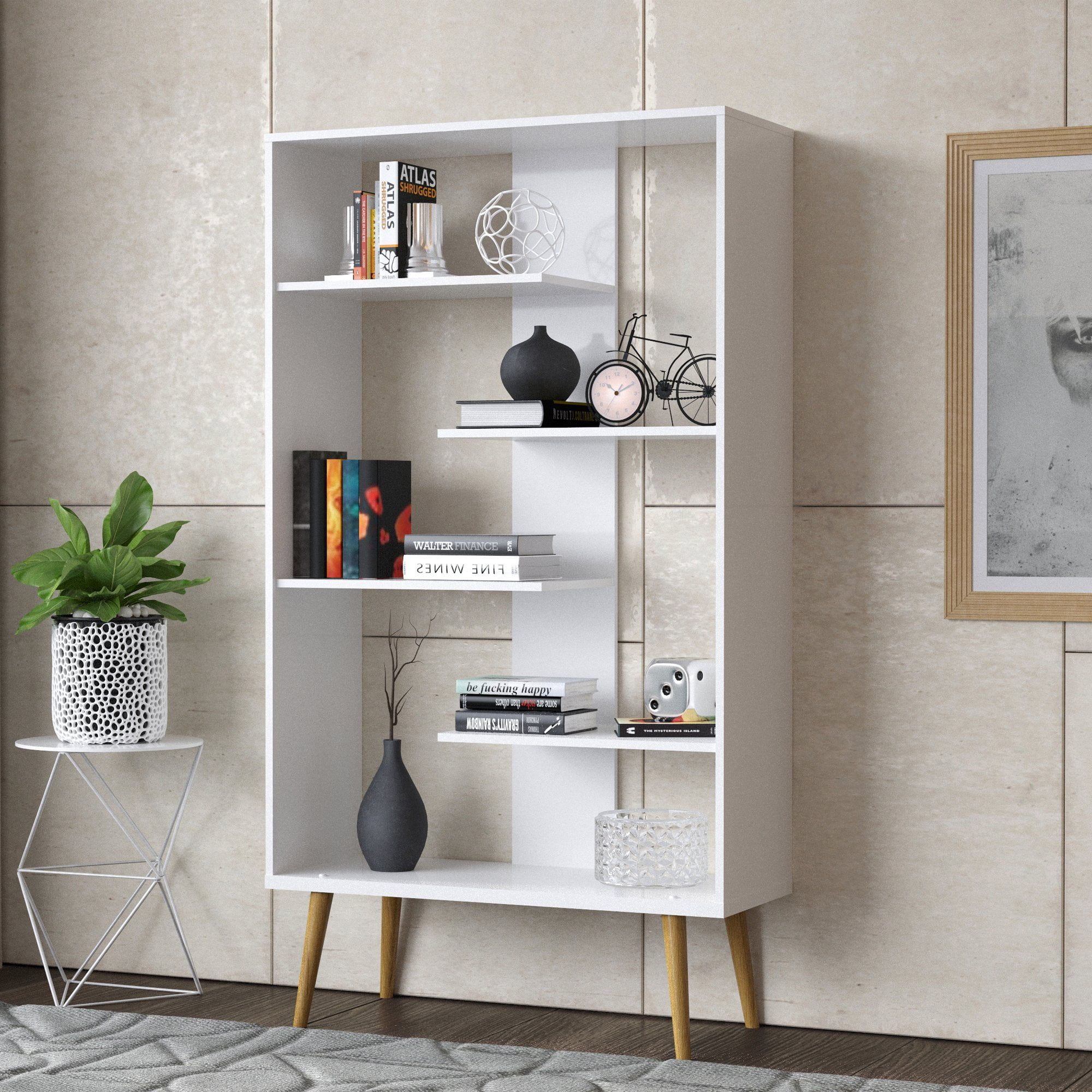 Adjustable 5-Tier White Wood Bookcase for Modern Living Spaces