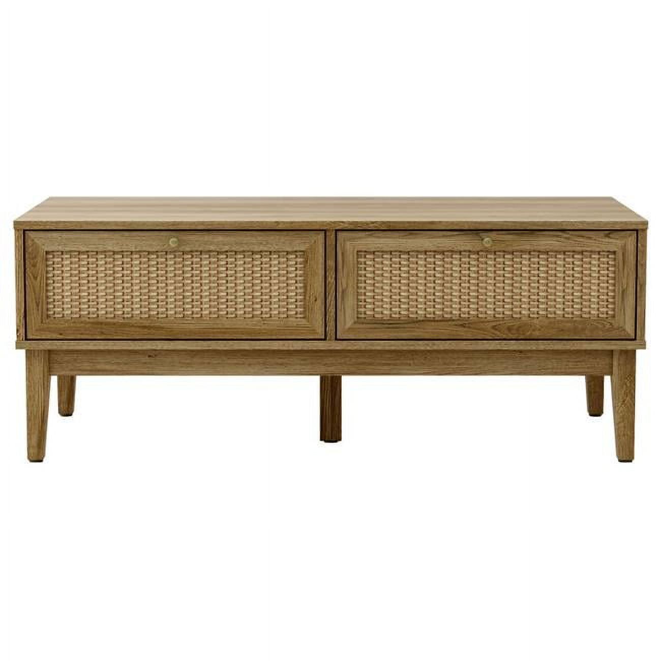 Natural Wood and Rattan Rectangular Coffee Table with Storage